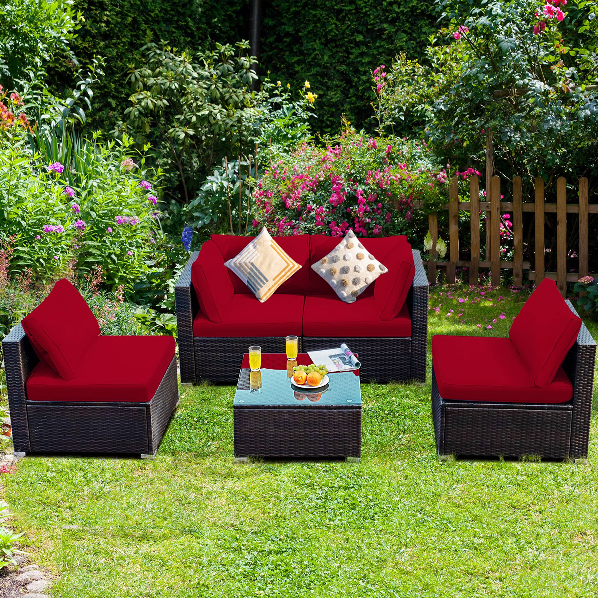 Alt View 2. Gymax - Gymax 5PCS Rattan Patio Conversation Set Sofa Furniture Set w/ Red Cushions - Mix brown.