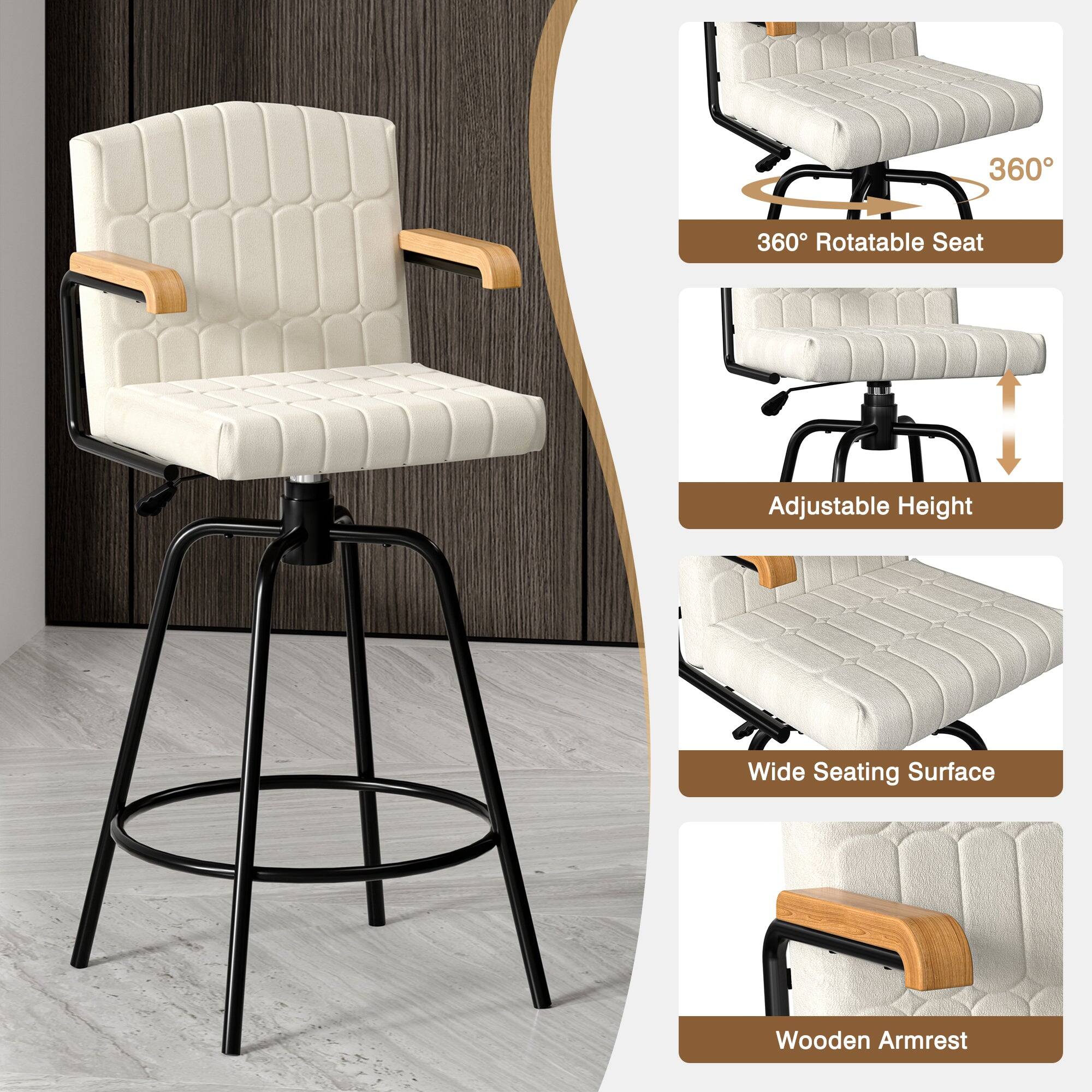 - 360° Rotatable Seat
- Adjustable Height
- Wide Seating Surface
- Wooden Armrest