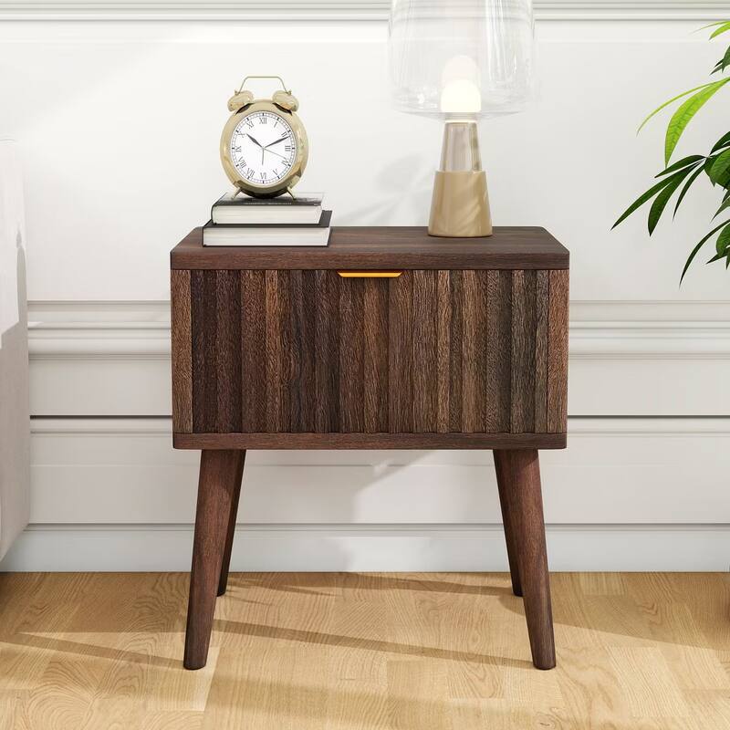 Left. Vipbear - Vipbear grooved bedside tables, medieval modern coffee tables with drawers, walnut bedside tables，Set of 2 - White.