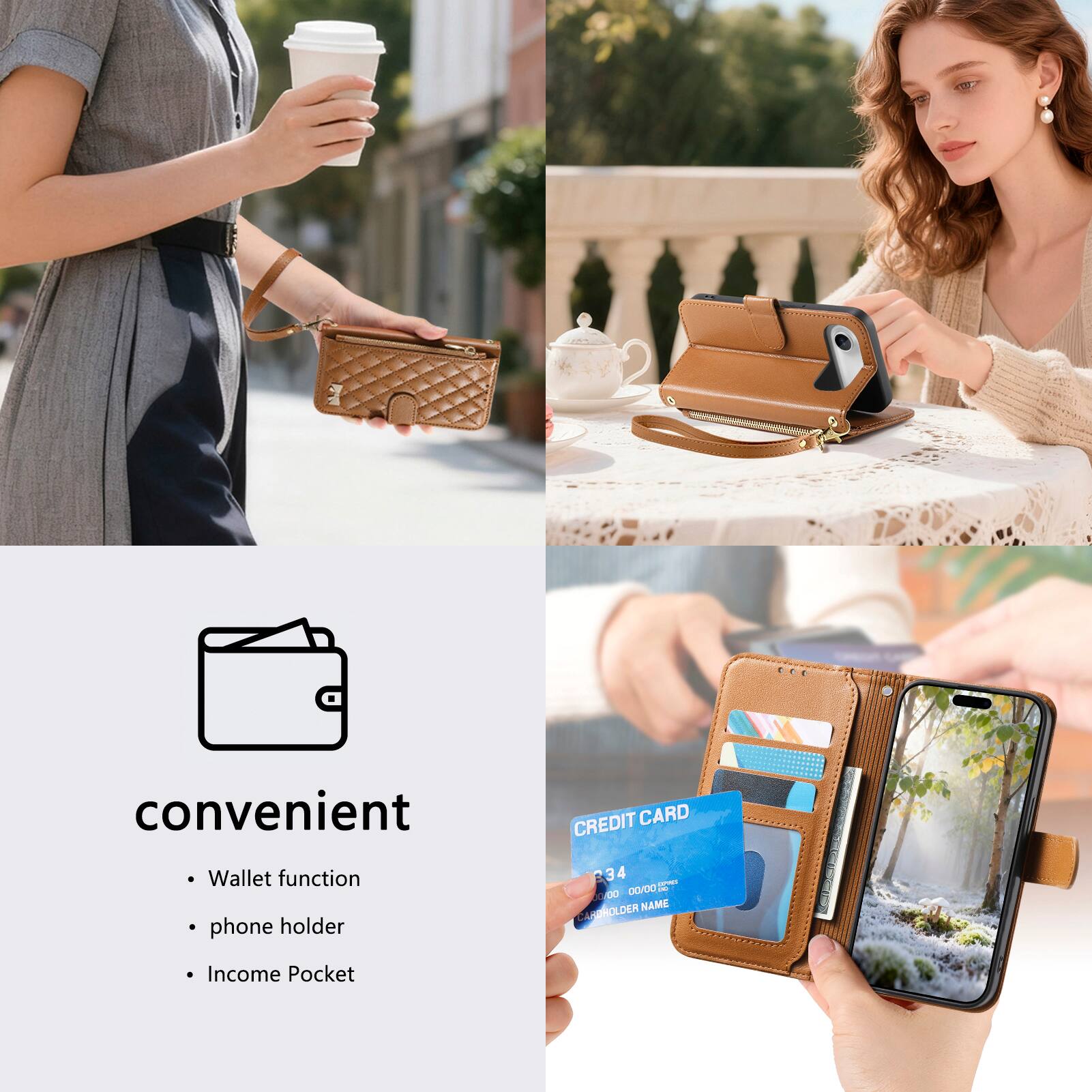 Convenient  
- Wallet function  
- Phone holder  
- Income Pocket  

CREDIT CARD  
1234 0000 0000 0000  
CARDHOLDER NAME