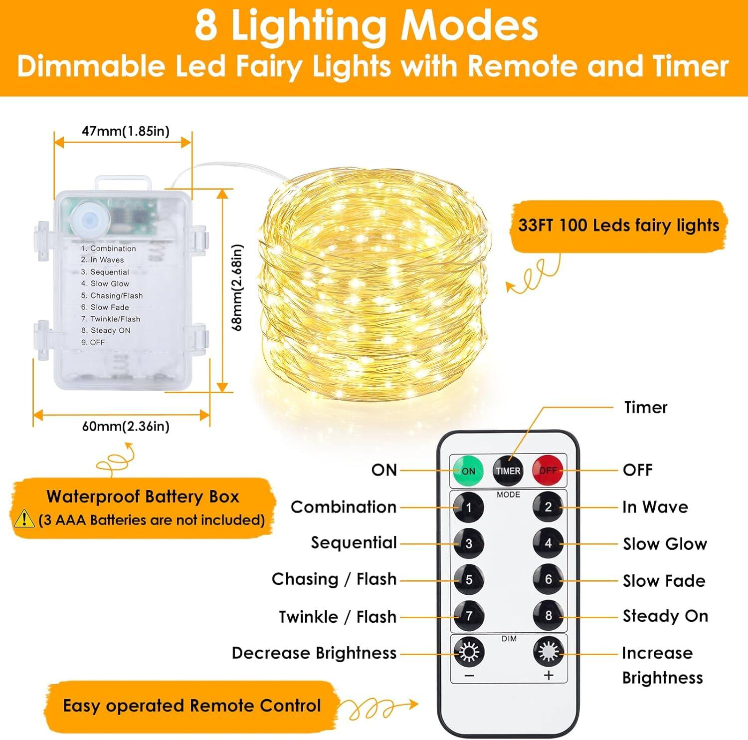 8 Lighting Modes  
Dimmable Led Fairy Lights with Remote and Timer  

- 47mm (1.85in)  
- 68mm (2.68in)  
- 60mm (2.36in)  
- 33FT 100 Leds fairy lights  

8 Lighting Modes:  
1. Combination  
2. In Waves  
3. Sequential  
4. Slow Glow  
5. Chasing/Flash  
6. Slow Fade  
7. Twinkle/Flash  
8. Steady ON  
9. OFF  

Waterproof Battery Box  
(3 AAA Batteries are not included)  

Easy operated Remote Control  
- ON  
- TIMER  
- OFF  
- MODE  
- 1  
- 2  
- 3  
- 4  
- 5  
- 6  
- 7  
- 8  
- DIM  
- +  
- -  

Timer  
- In Wave  
- Slow Glow  
- Slow Fade  
- Steady On  
- Increase Brightness  
- Decrease Brightness