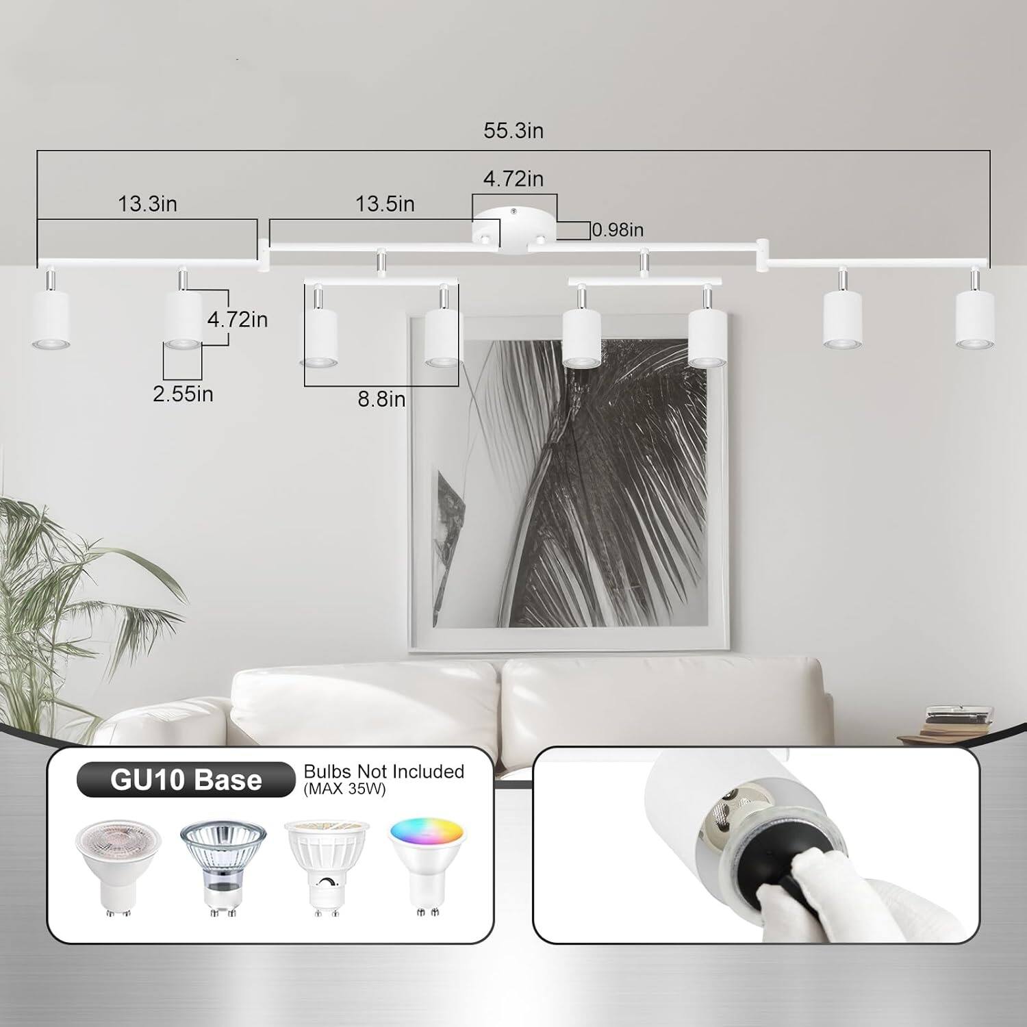 55.3in 13.3in 13.5in 4.72in 0.98in 4.72in 2.55in 8.8in  
GU10 Base Bulbs Not Included (MAX 35W)