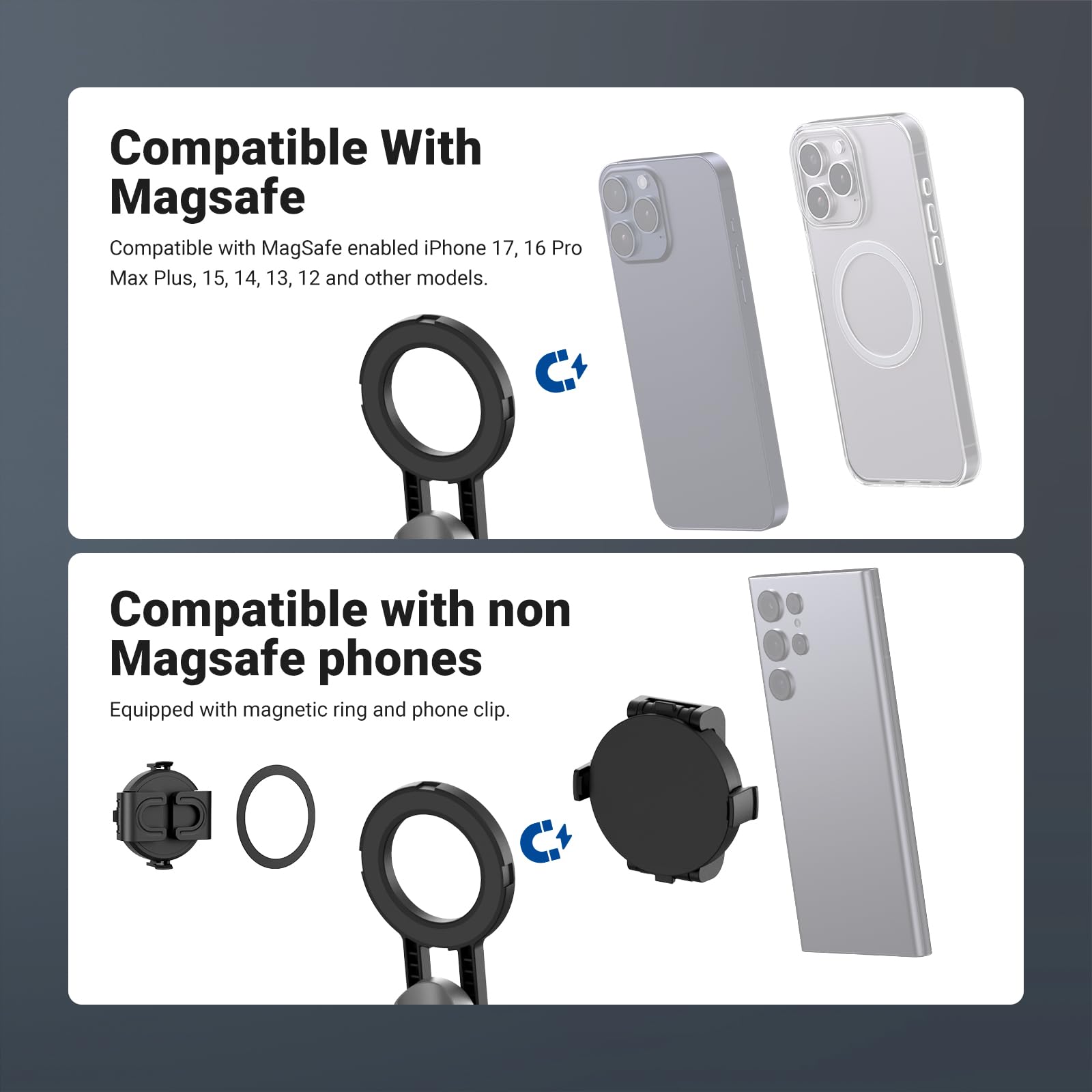Compatible With MagSafe  
Compatible with MagSafe enabled iPhone 17, 16 Pro Max Plus, 15, 14, 13, 12 and other models.  

Compatible with non MagSafe phones  
Equipped with magnetic ring and phone clip.
