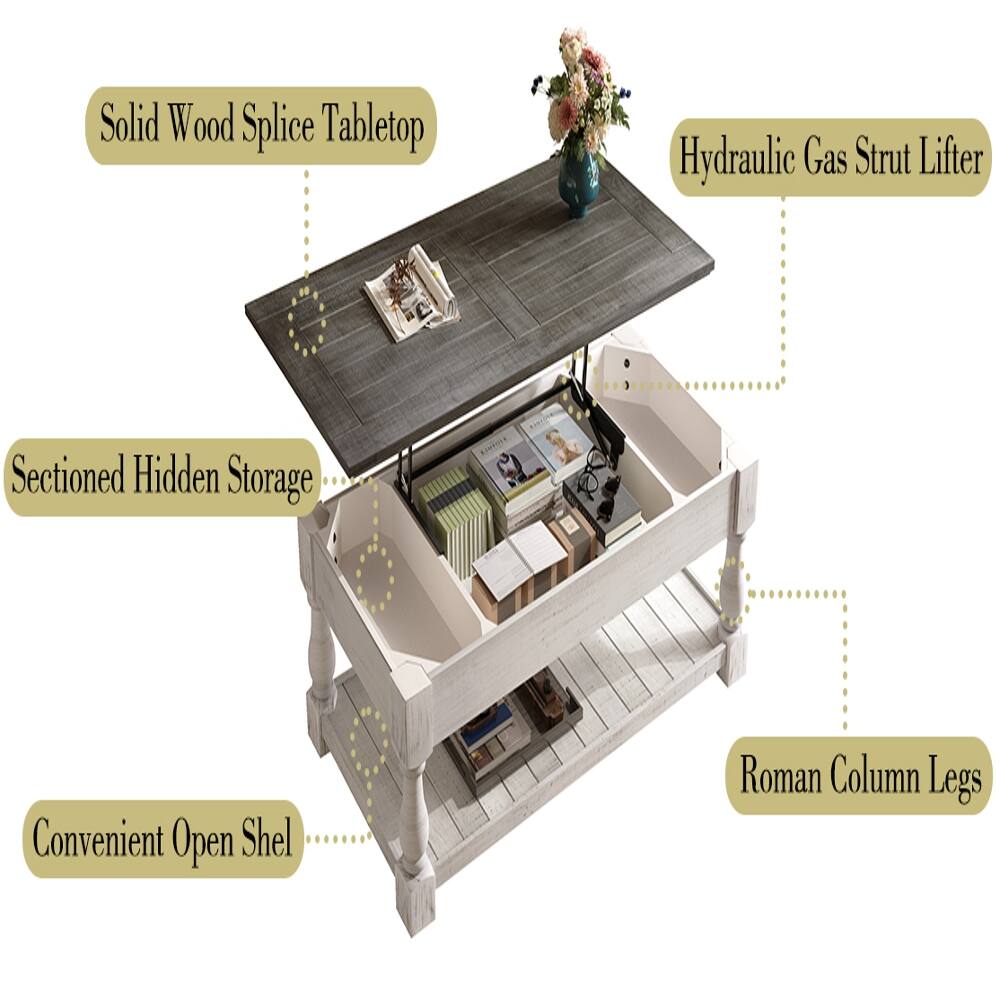 Solid Wood Splice Tabletop  
Hydraulic Gas Strut Lifter  
Sectioned Hidden Storage  
Convenient Open Shel  
Roman Column Legs