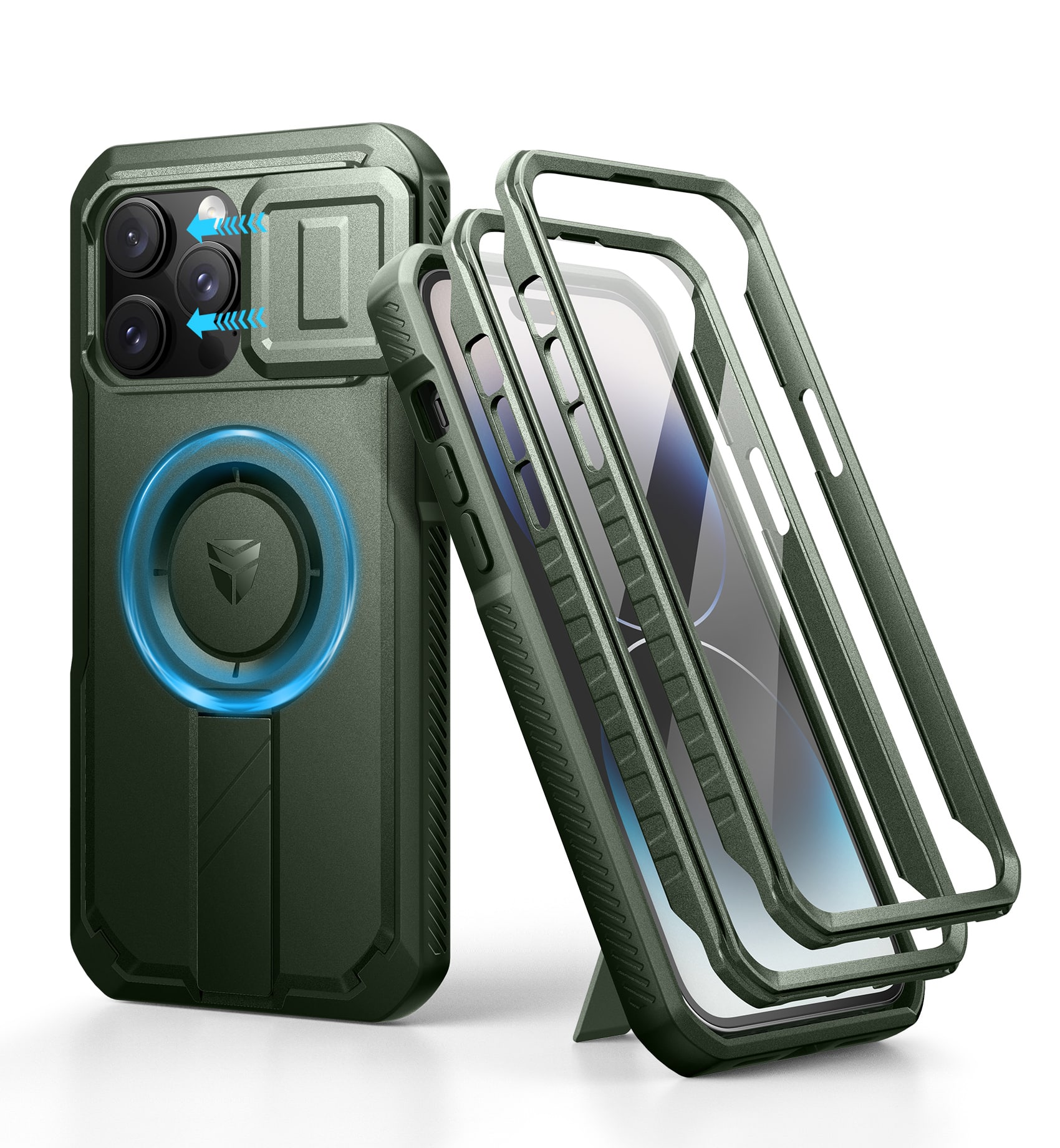 Front. dexnor - Dexnor iPhone 14 Pro Max Case with Camera Cover&Adjustable Kickstand&Built-in Screen Magnetic Protector,Army Green - Army Green.