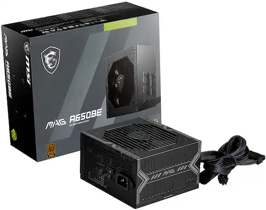 The image shows a box containing a MSI MAG ASSOBE power supply unit. The box is gray and black, and the power supply unit is black and gray as well. The power supply unit is designed to provide a stable and efficient source of power to the computer system.