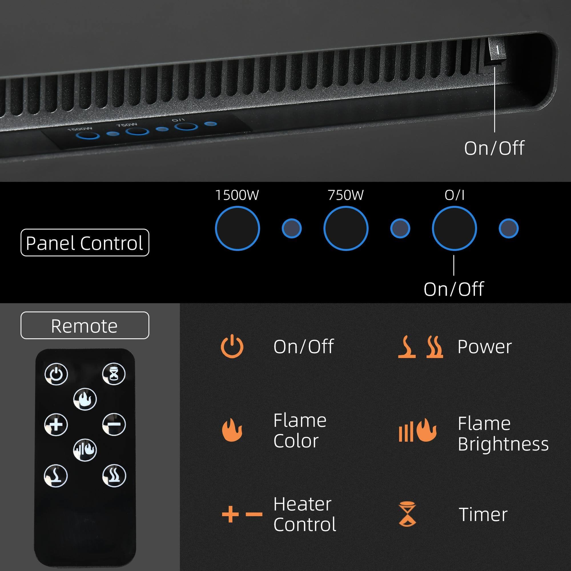 NGOR 10CH  
On/Off 1500W 750W O/I Panel Control On/Off Remote On/Off  
Power + - Flame Color Flame Brightness Heater + - Control Timer  

Panel Control  
1500W 750W O/I  
On/Off  

Remote  
On/Off  
Power  
Flame Color  
Flame Brightness  
Heater Control  
Timer