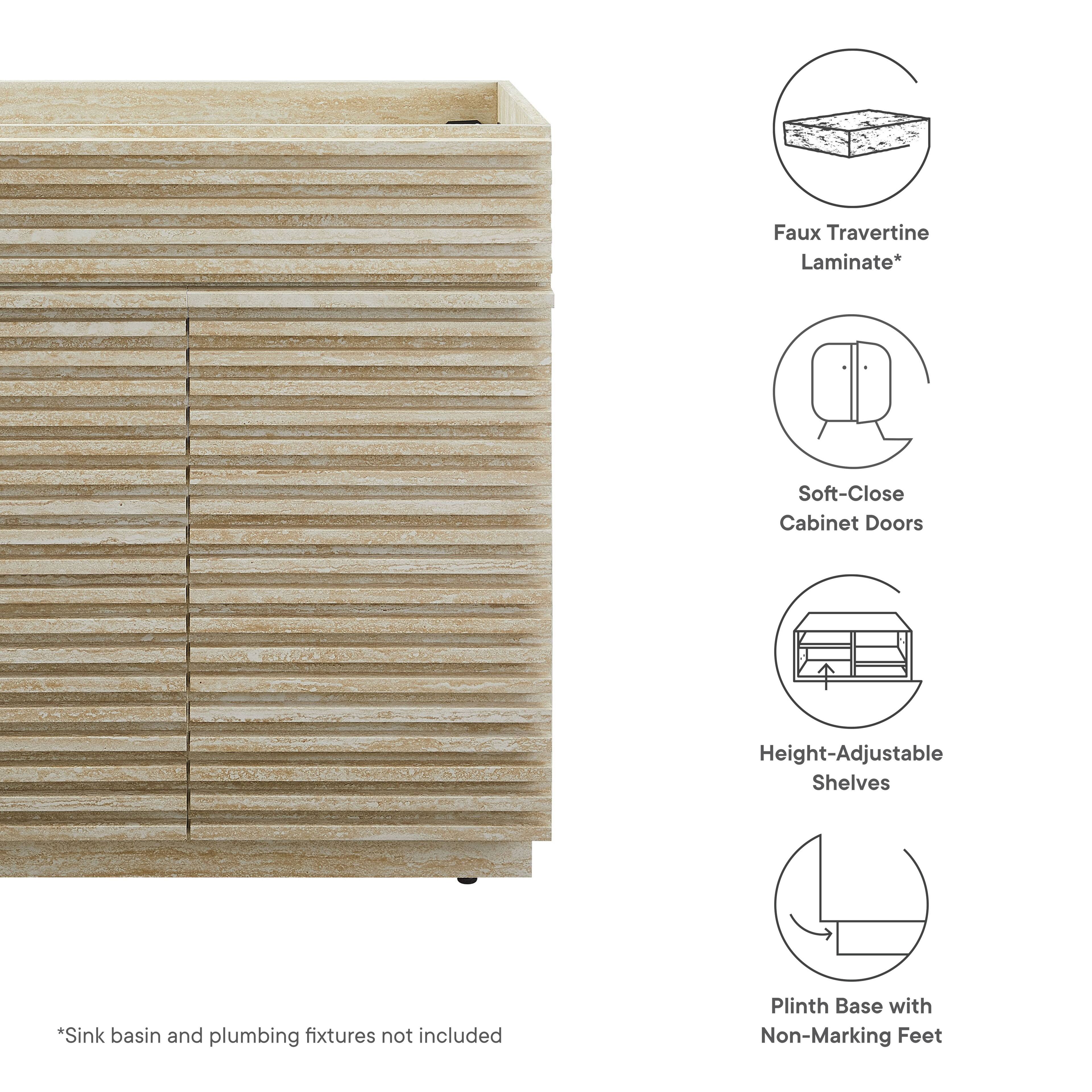 Faux Travertine Laminate*  
Soft-Close Cabinet Doors  
Height-Adjustable Shelves  
Plinth Base with Non-Marking Feet  

*Sink basin and plumbing fixtures not included