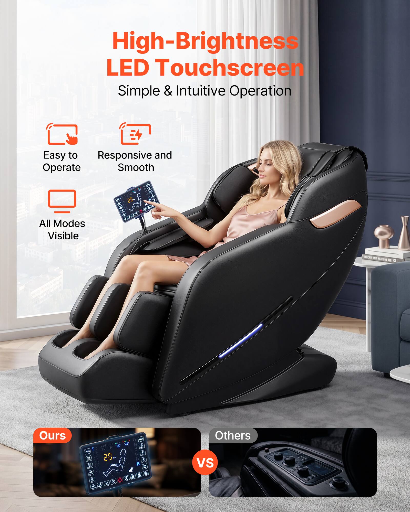 High-Brightness LED Touchscreen  
Simple & Intuitive Operation  
Easy to Operate  
Responsive and Smooth  
All Modes Visible  

Ours vs Others