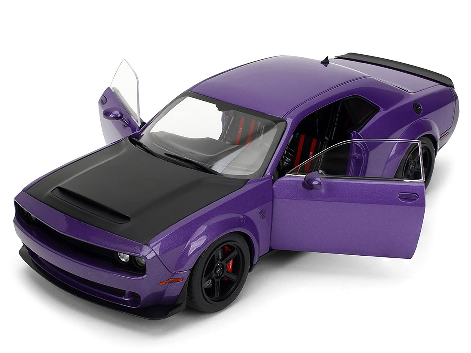 Angle. Jada - Dodge Challenger SRT Demon Purple Metallic with Matt Black Hood "Pink Slips" Series 1/18 Diecast Model Car by Jada - Purple Metallic.