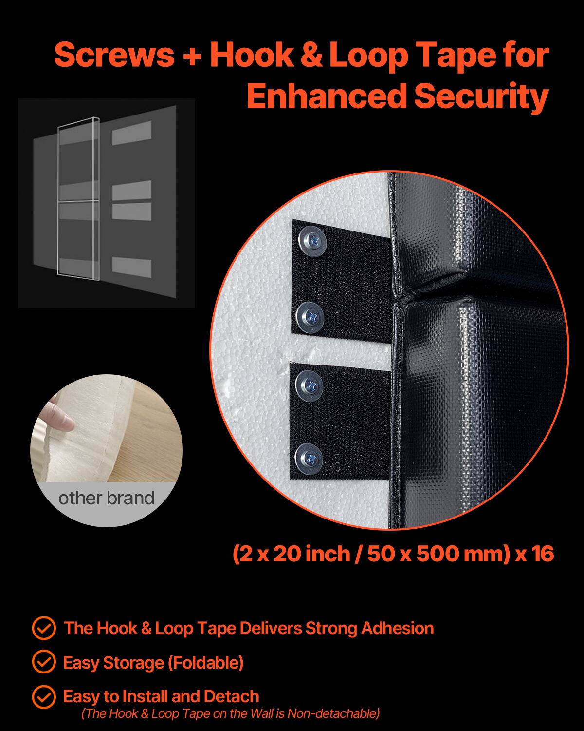 Screws + Hook & Loop Tape for Enhanced Security

(2 x 20 inch / 50 x 500 mm) x 16

- The Hook & Loop Tape Delivers Strong Adhesion
- Easy Storage (Foldable)
- Easy to Install and Detach
  (The Hook & Loop Tape on the Wall is Non-detachable)