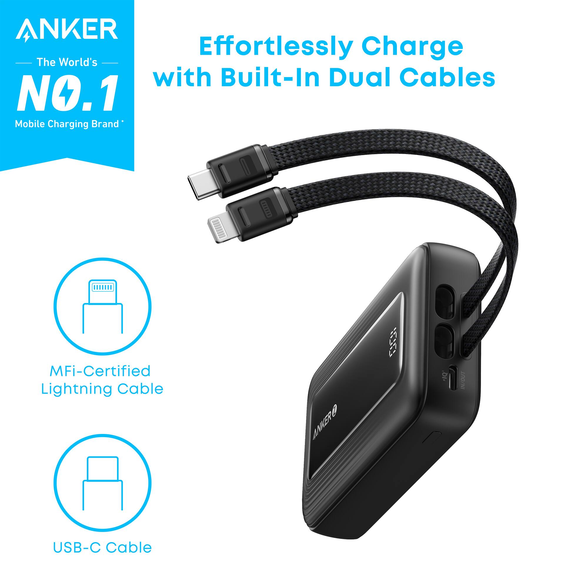 ANKER Effortlessly Charge The World's with Built-In Dual Cables NO.1 Mobile Charging Brand MFi-Certified Lightning Cable USB-C Cable