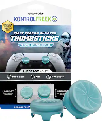 steelseries KONTROLFREEK THE BEST-SELLING CONTROLLER ENHANCEMENT BRAND* FIRST PERSON SHOOTER THUMBSTICKS FROZEN INFERNO EDITION UPGRADE YOUR: hll PRECISION AIM MOVEMENT MID-RISE LEFT Improves grip and control HIGH-RISE RI Increases accuracy of attacks DESIGNED FOR P