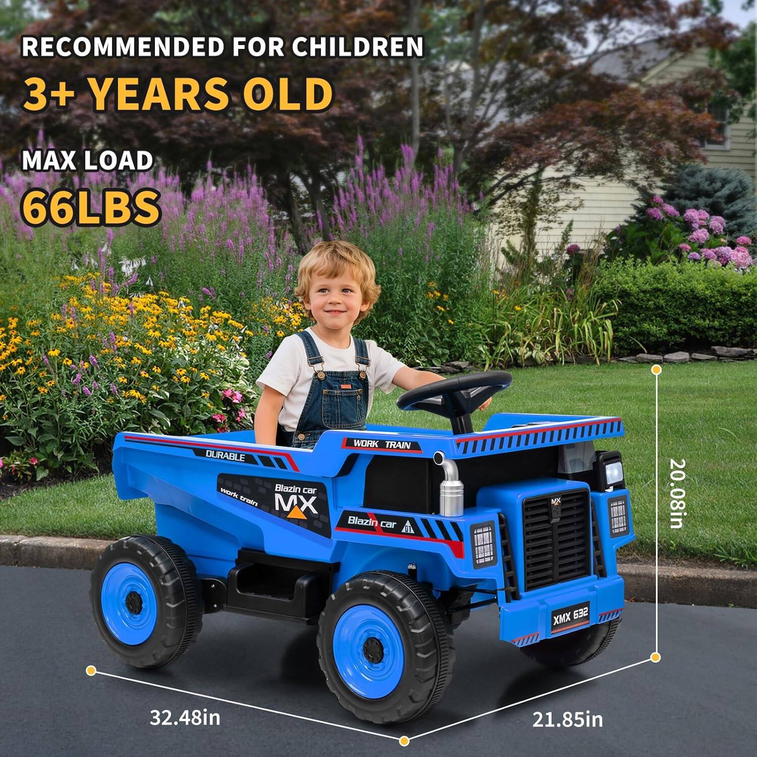 RECOMMENDED FOR CHILDREN  
3+ YEARS OLD  

MAX LOAD  
66LBS  

DURABLE  
WORK TRAIN  
Blazin car  
MX  

32.48in  
21.85in  
20.08in