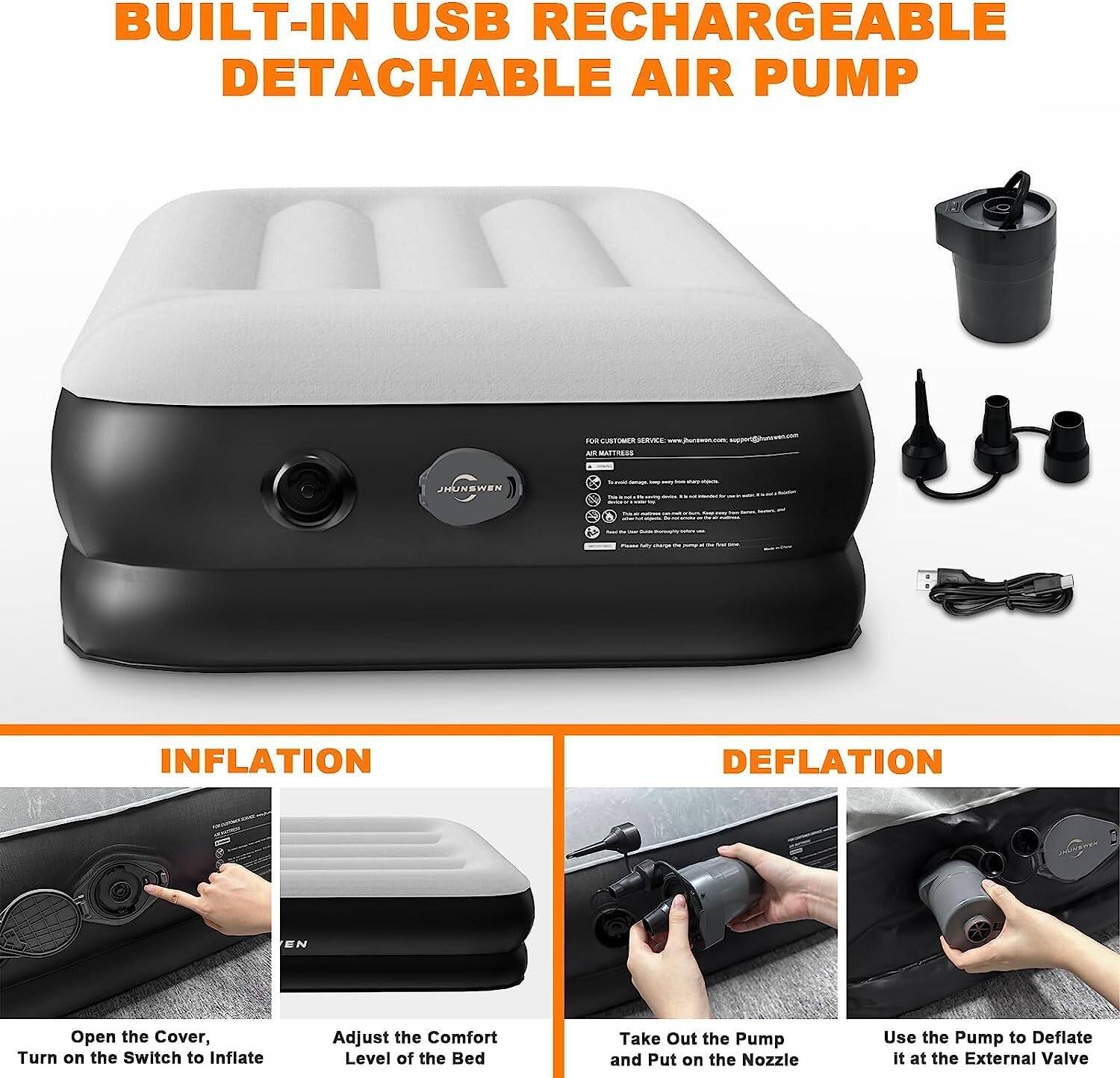 **BUILT-IN USB RECHARGEABLE DETACHABLE AIR PUMP**

**INFLATION**
- Open the Cover, Turn on the Switch to Inflate
- Adjust the Comfort Level of the Bed

**DEFALTATION**
- Take Out the Pump and Put on the Nozzle
- Use the Pump to Deflate it at the External Valve