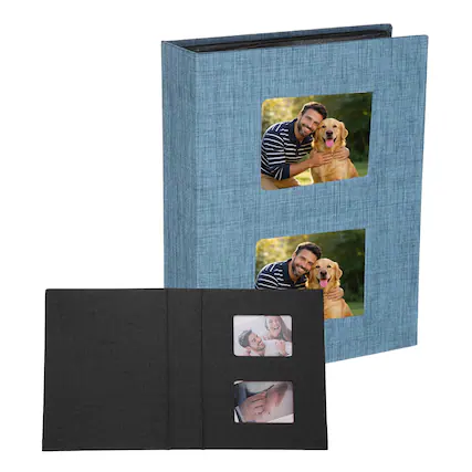 Front. Unique Bargains - Photo Album 8.9x6.9 Inch 200 Photos Linen Cover Photo Book with Display Window for Family Wedding Anniversary - Blue.