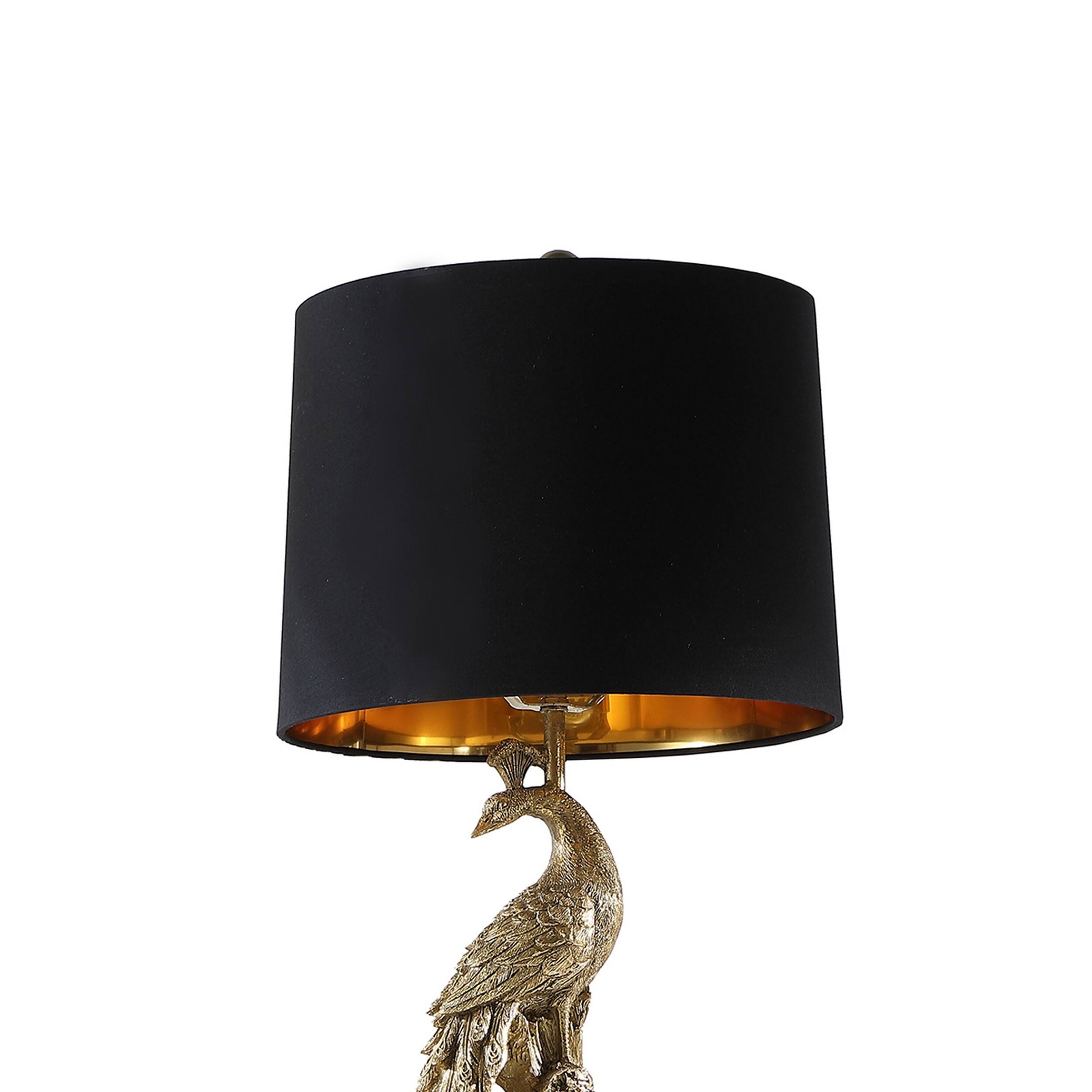 Left. Manhattan Lane - 29 Inch Peacock Table Lamp, Polyresin Sculpture, Drum Shade - Black, Gold.