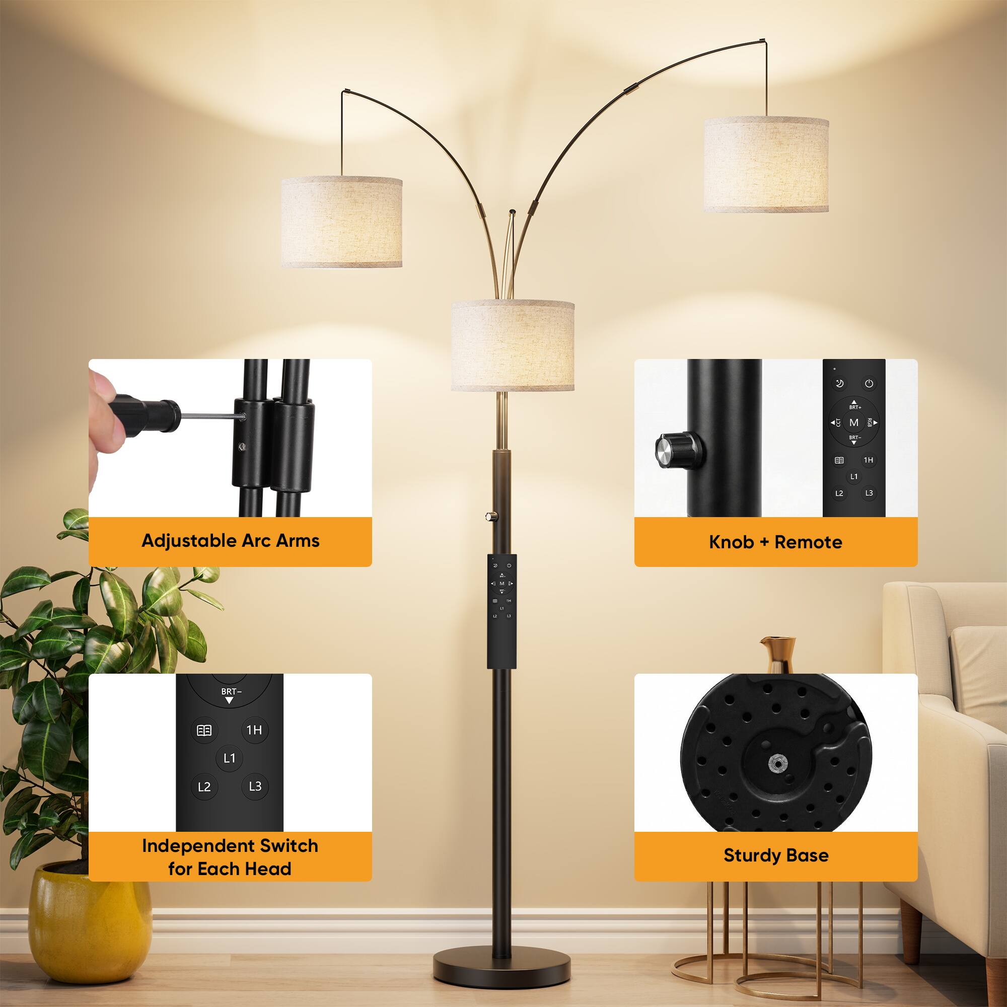 - Adjustable Arc Arms
- Knob + Remote
- Independent Switch for Each Head
- Sturdy Base
