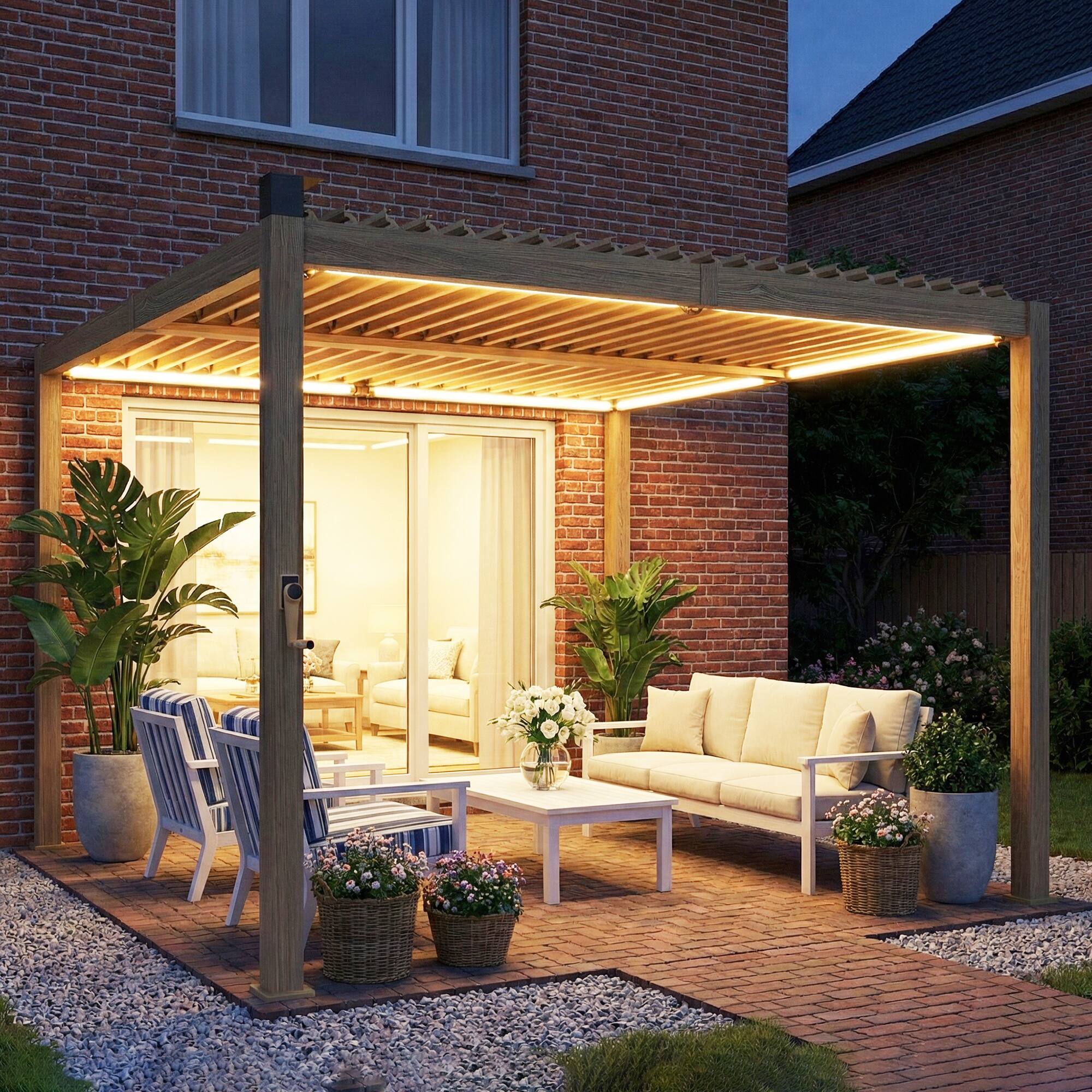 Alt View 1. Outsunny - x 10' Louvered Pergola with Solar LED lights, Metal Roof - Nature Wood.