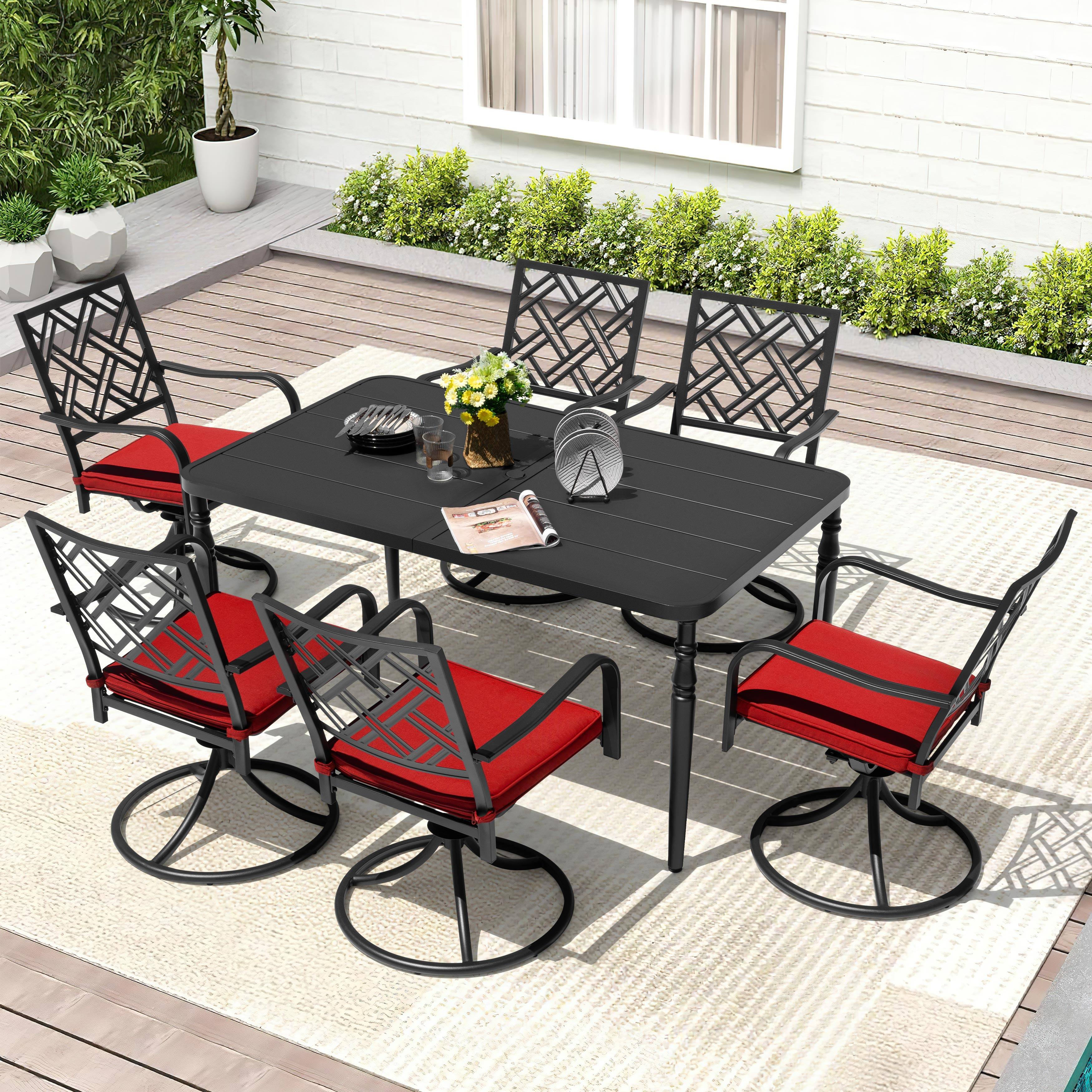 Left. Nuu Garden - 7PCS Metal Patio Dining Set with Umbrella Hole, Swivel Chairs with Cushions - Black and Red.