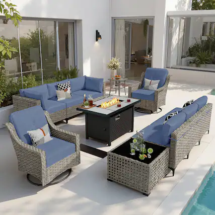 Front. Ovios - 11 PCS Patio Furniture Sectional Sofa Set with Swivel Chair Coffee Table & 42" Firepit Table - Denim Blue.