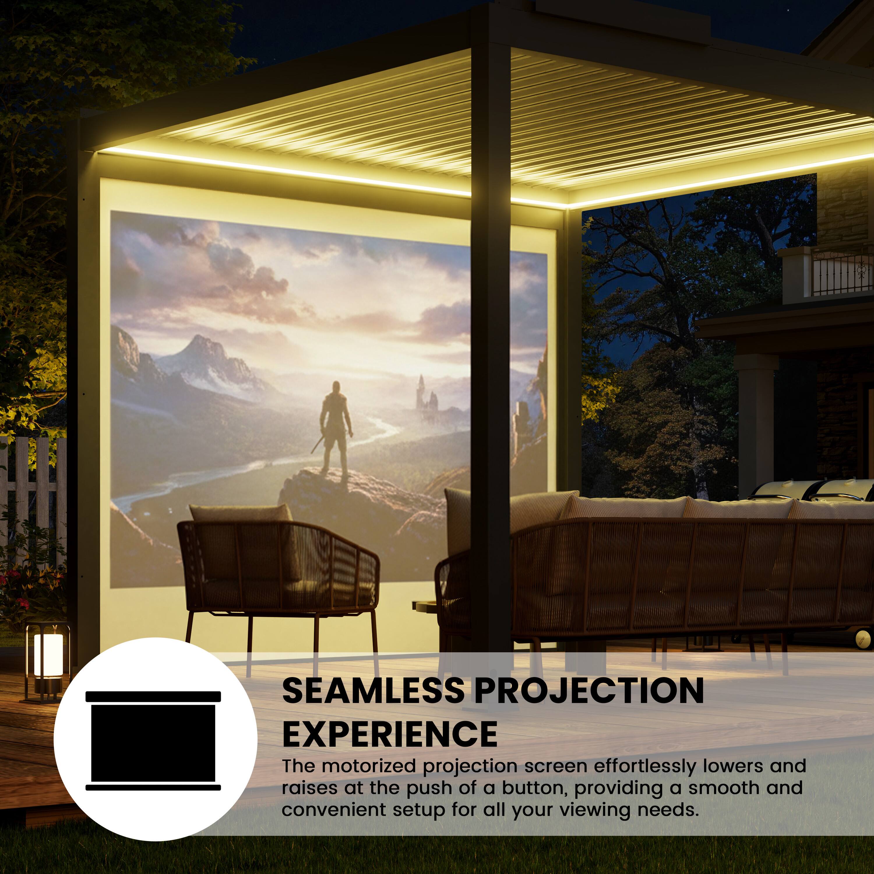 SEAMLESS PROJECTION EXPERIENCE

The motorized projection screen effortlessly lowers and raises at the push of a button, providing a smooth and convenient setup for all your viewing needs.