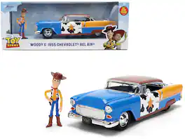 1955 Chevrolet Bel Air Blue with Graphics and Woody Diecast Figure "Toy Story" Franchise 1/24 Diecast Models by Jada