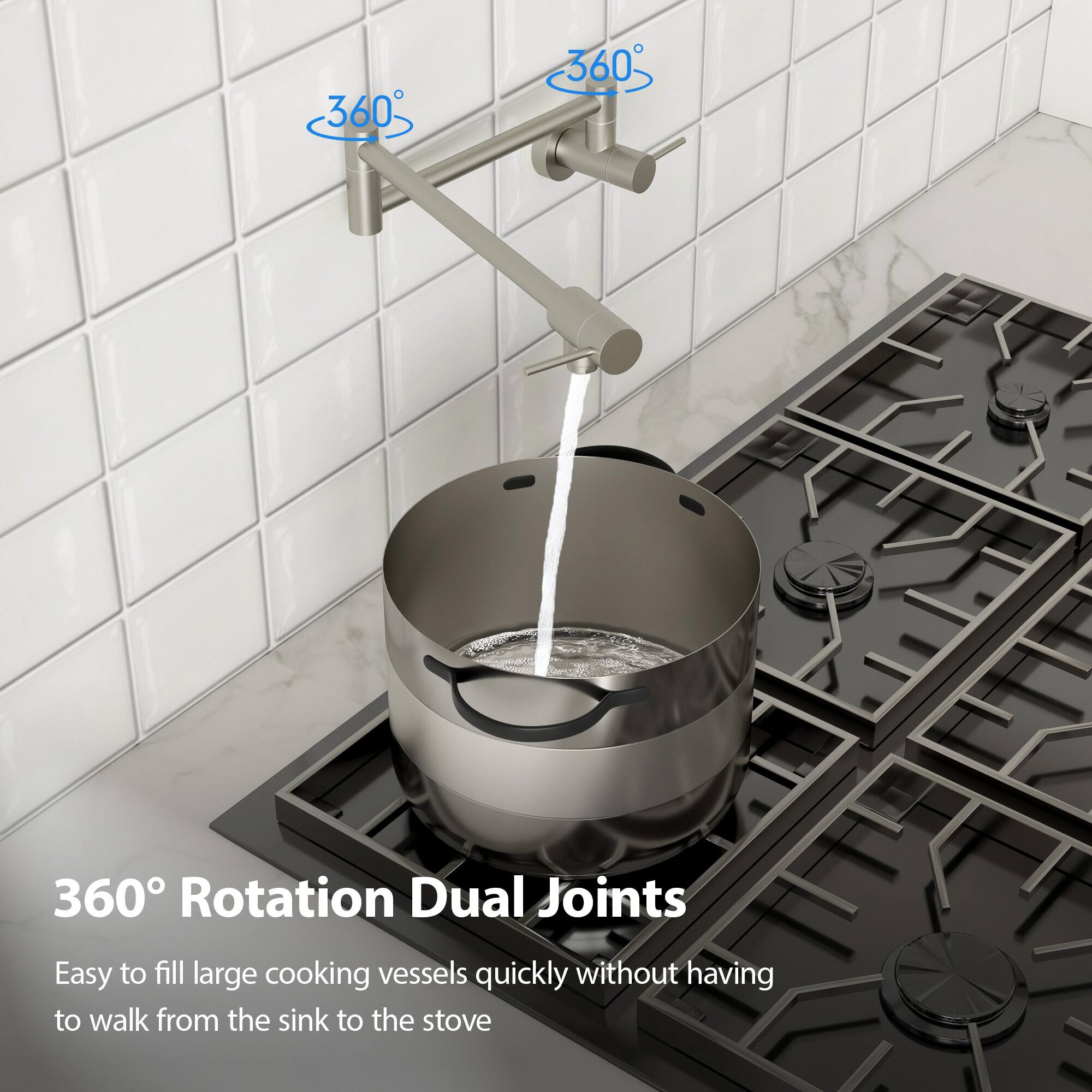 360° Rotation Dual Joints

Easy to fill large cooking vessels quickly without having to walk from the sink to the stove