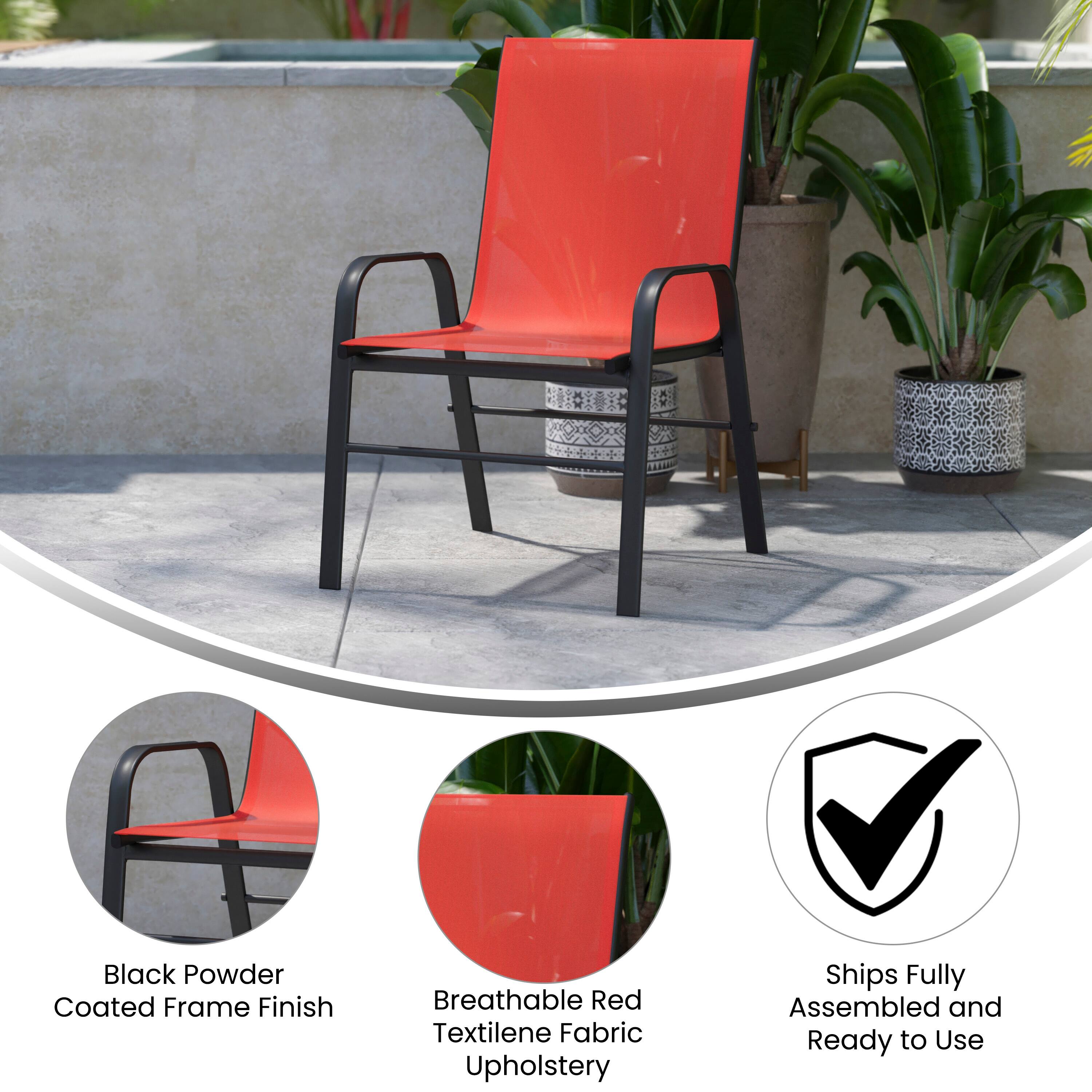 Black Powder Coated Frame Finish  
Breathable Red Textilene Fabric Upholstery  
Ships Fully Assembled and Ready to Use