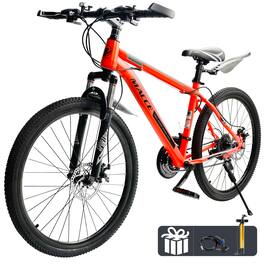 Topteng - 26" Mountain Bike for Adult - 27-Speed, High-Carbon Steel, Suspension Fork, Dual Disc Brakes for Men/Women - Red