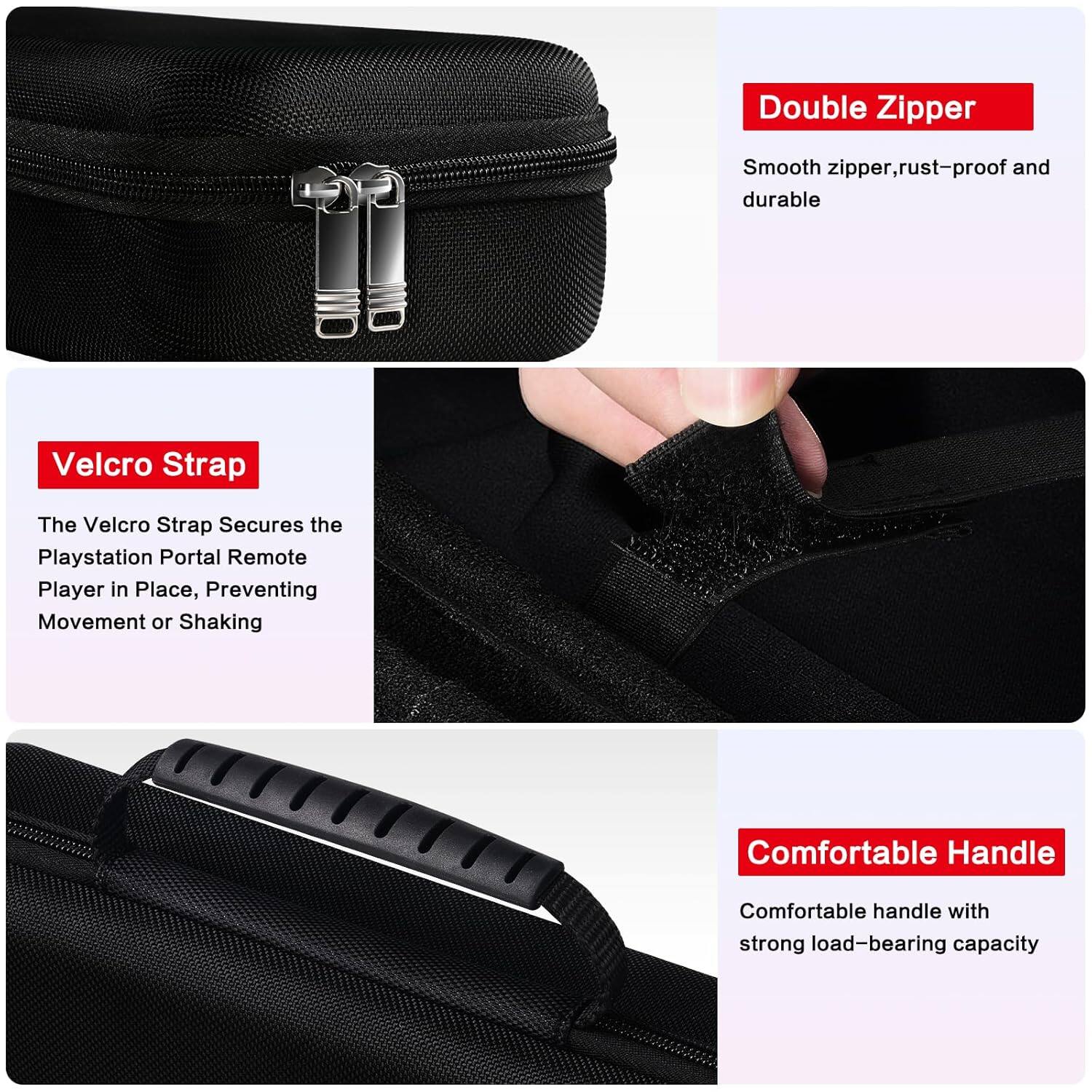 The image features a black case with a double zipper, which is smooth, rust-proof, and durable. The case also has a Velcro strap that secures the PlayStation Portal Remote in place, preventing movement or shaking. The case has a comfortable handle with strong load-bearing capacity.