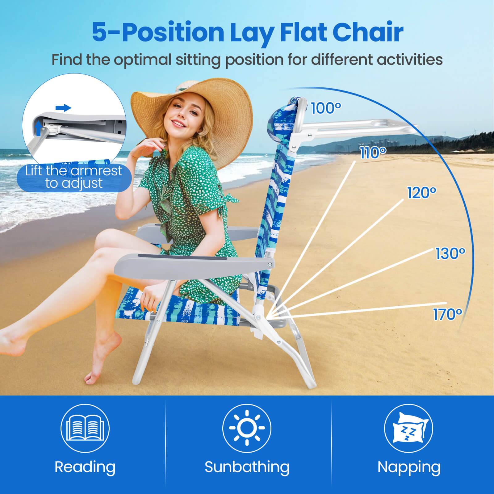 5-Position Lay Flat Chair  
Find the optimal sitting position for different activities  

Lift the armrest to adjust  

Reading  
Sunbathing  
Napping  

100°  
110°  
120°  
130°  
170°