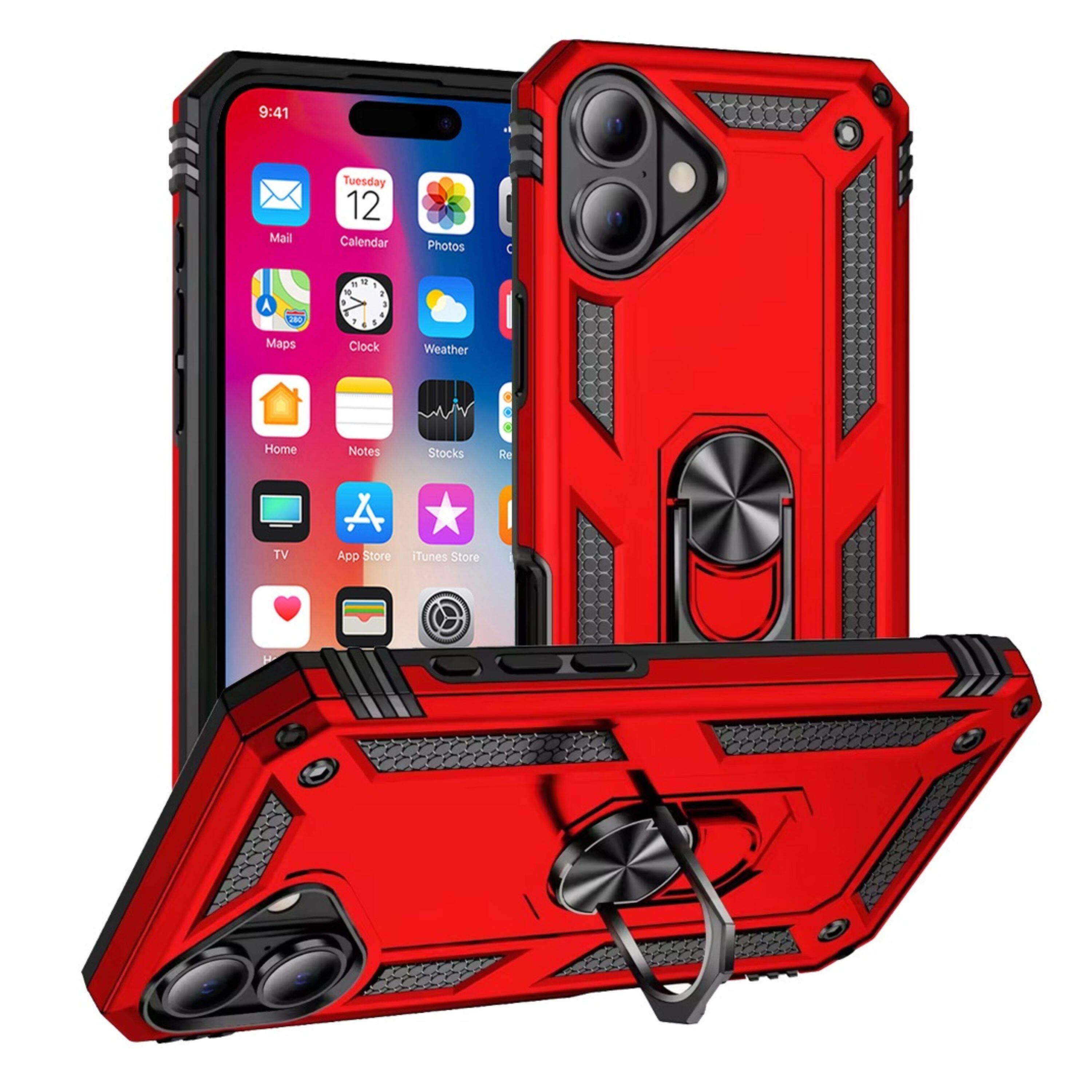 Kitcheniva - Hybrid Ring Holder Magnetic Kickstand Phone Case With Tempered Glass For iPhone 16 - Red price history on PriceWatchPro