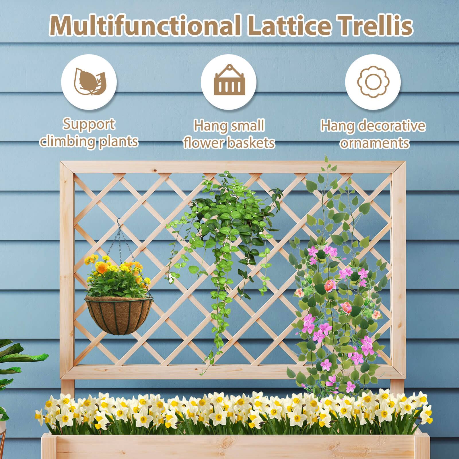 Multifunctional Lattice Trellis

- Support climbing plants
- Hang small flower baskets
- Hang decorative ornaments