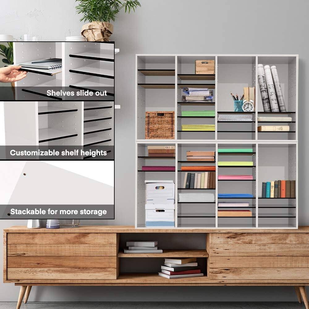 Shelves slide out, Customizable shelf heights, Stackable for more storage