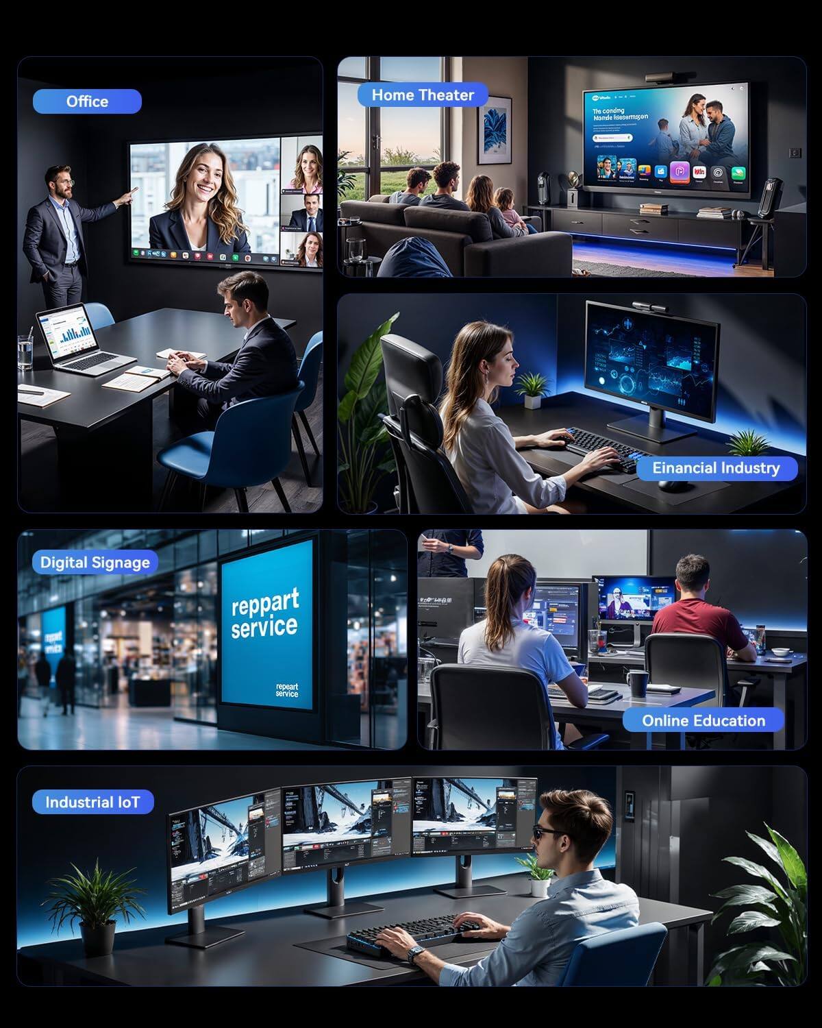Office  
Home Theater  
Coding Hande kieswrogen  

5  

Efinancial Industry  
Digital Signage  
reppart service  

repeart service  
Online Education  
Industrial IoT