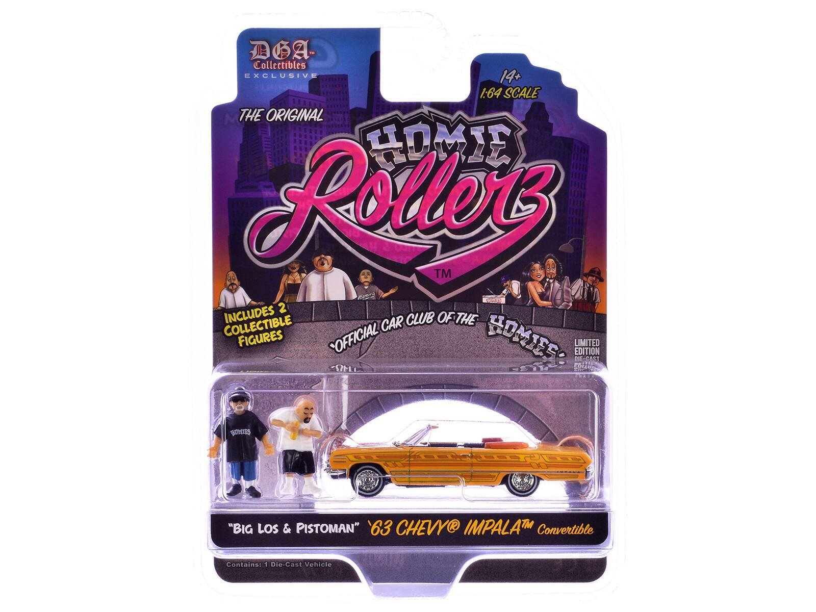 DGA Collectibles EXCLUSIVE 14+ 1:64 SCALE THE ORIGINAL HOMIE Roller™ D05 2 INCLUDES 2 COLLECTIBLE FIGURES OFFICIAL CAR CLUB OF THE HOMIES LIMITED EDITION - "BIG LOS & PISTOMAN" '63 CHEVY IMPALA™ Convertible Contains: 1 Die-Cast Vehicle