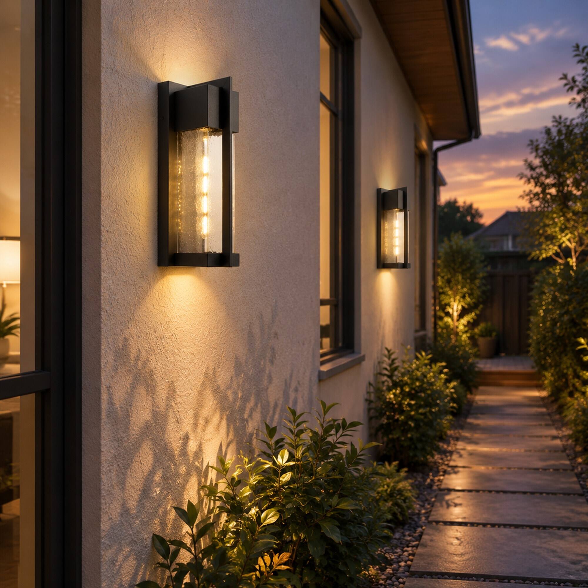 Alt View 4. RYHNUYNE - Dusk To Dawn 2-Pack 13 In Outdoor Wall Lights, Waterproof Hammer Glass Sconce for Entryway Garage Patio Black - Black.
