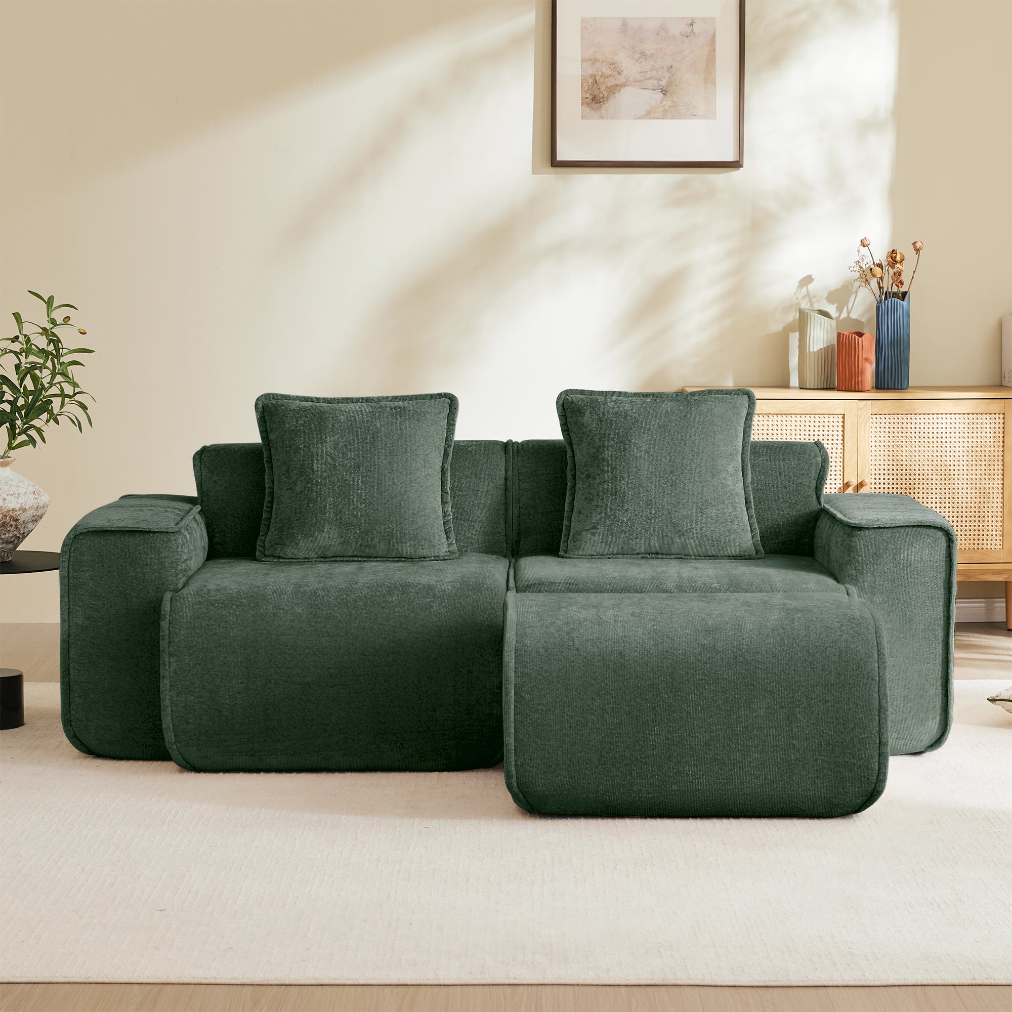 Aukfa - Streamlined 2-Seat L-Shape Boneless Sectional Sofa - French Edge Piping, No Assembly, Throw Pillows & Ottoman, Velvet - Green