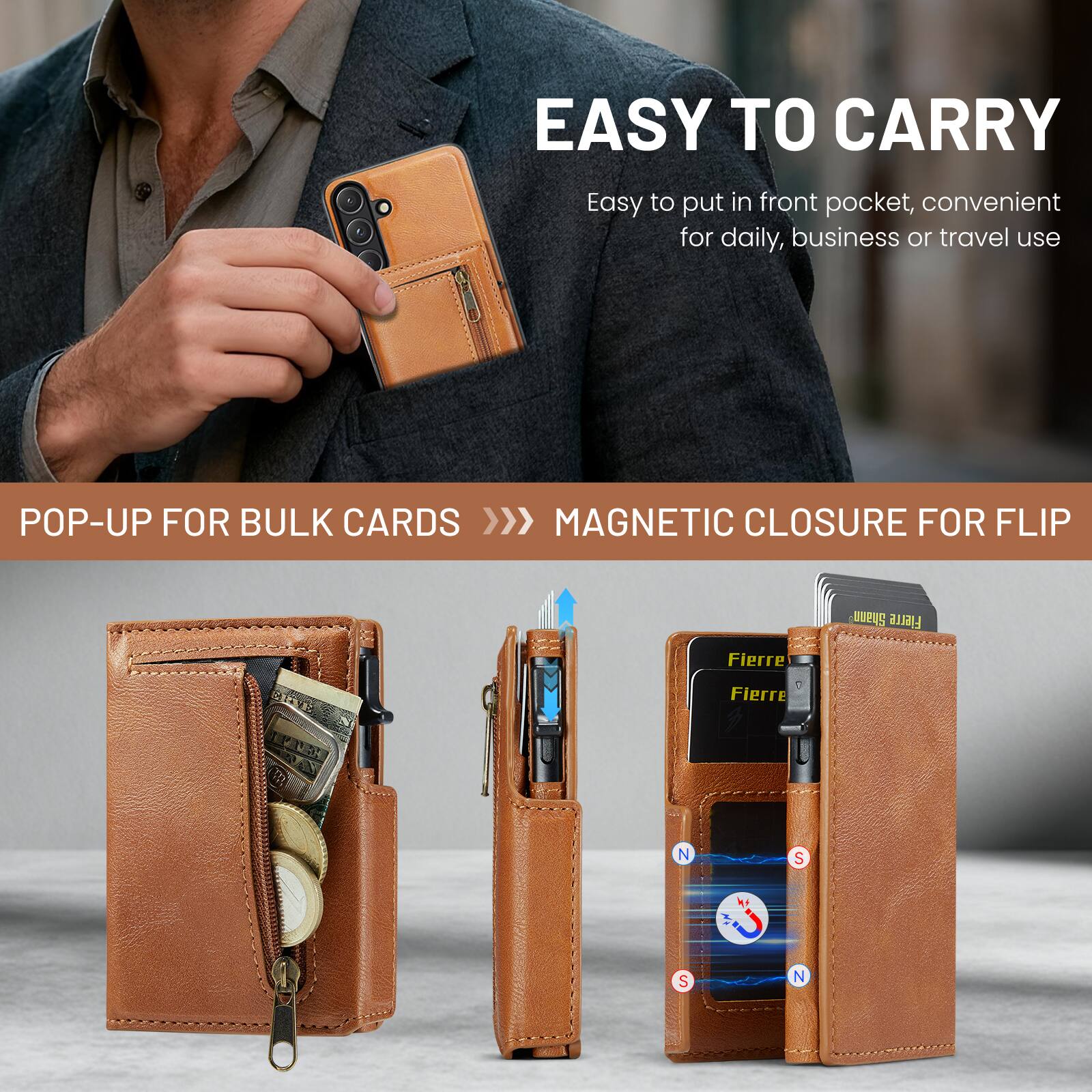 EASY TO CARRY  
Easy to put in front pocket, convenient for daily, business or travel use  

POP-UP FOR BULK CARDS >>>  
MAGNETIC CLOSURE FOR FLIP  

Shann Fierre  
Fierre - Fierre N S S N