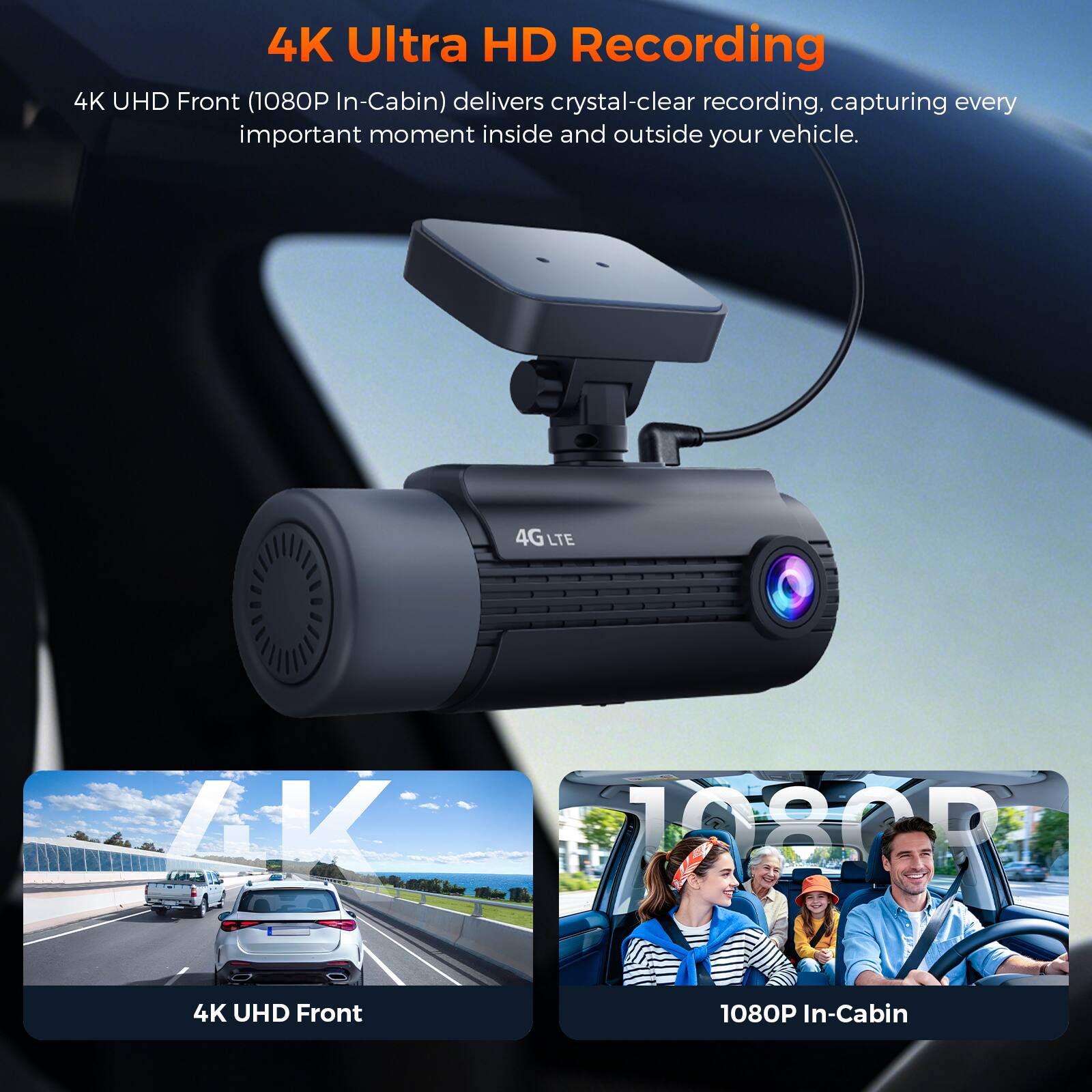 4K Ultra HD Recording  
4K UHD Front (1080P In-Cabin) delivers crystal-clear recording, capturing every important moment inside and outside your vehicle.  
4GLTE  
AK  
1080R  
4K UHD Front  
1080P In-Cabin
