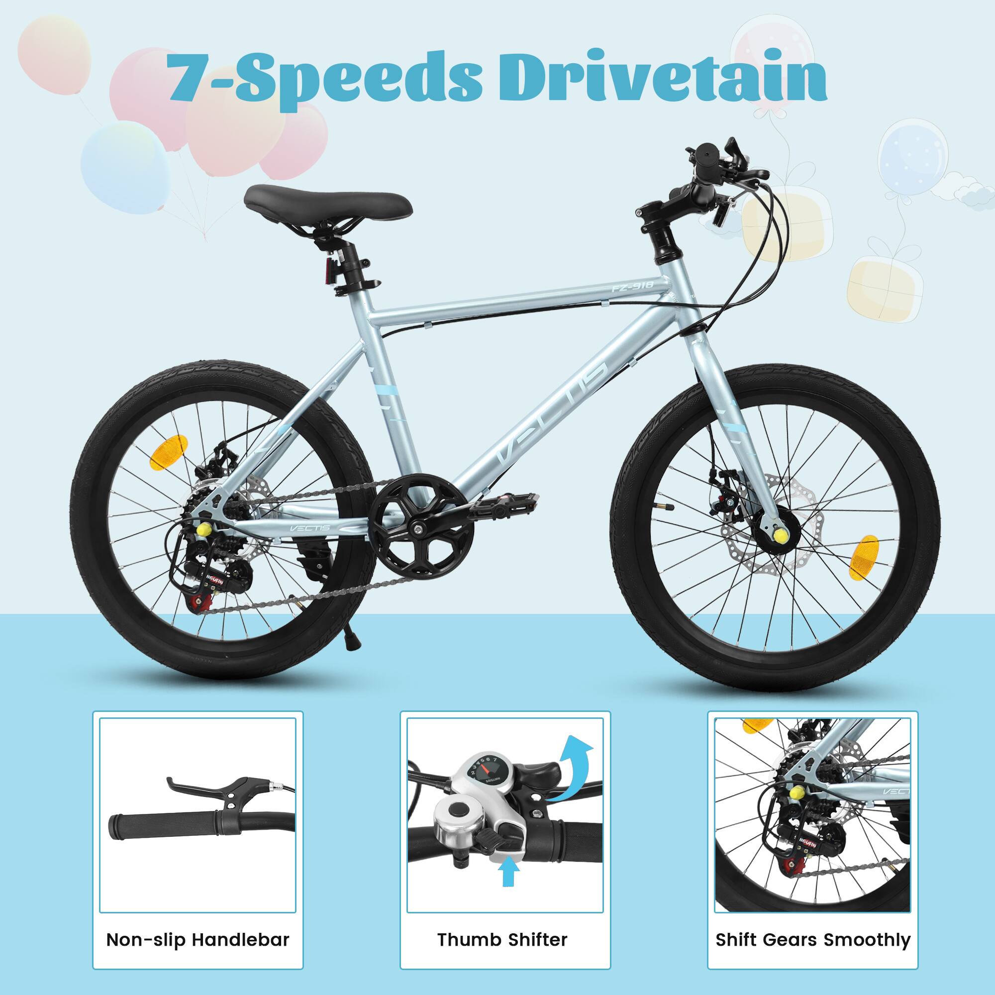 7-Speeds Drivetrain

- Non-slip Handlebar
- Thumb Shifter
- Shift Gears Smoothly