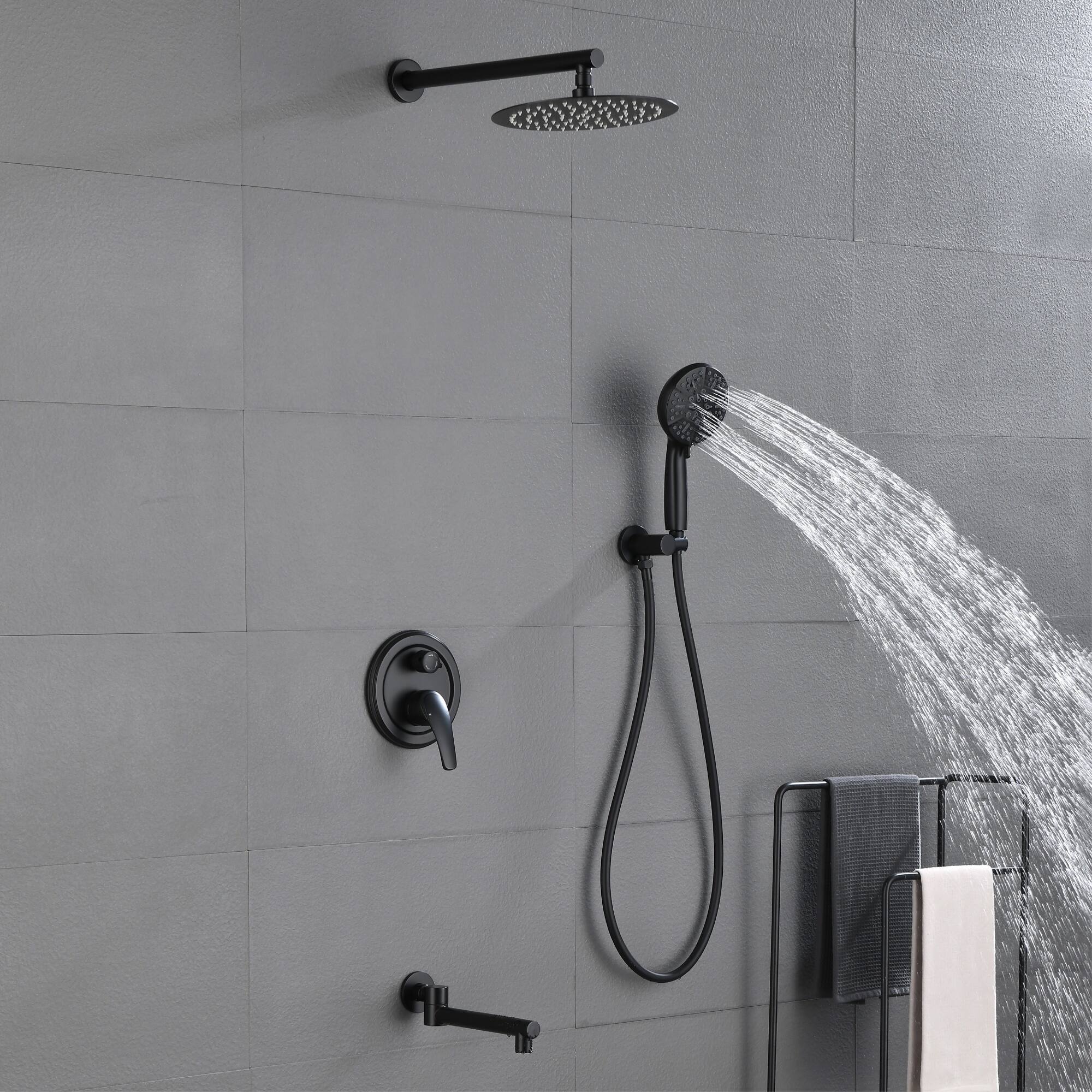 Alt View 3. Boyel Living - Matte Black 10-Inch Rain Shower System Brass SUS304 3-Function Valve 7-Function Handheld 180° Spout cUPC - Black.
