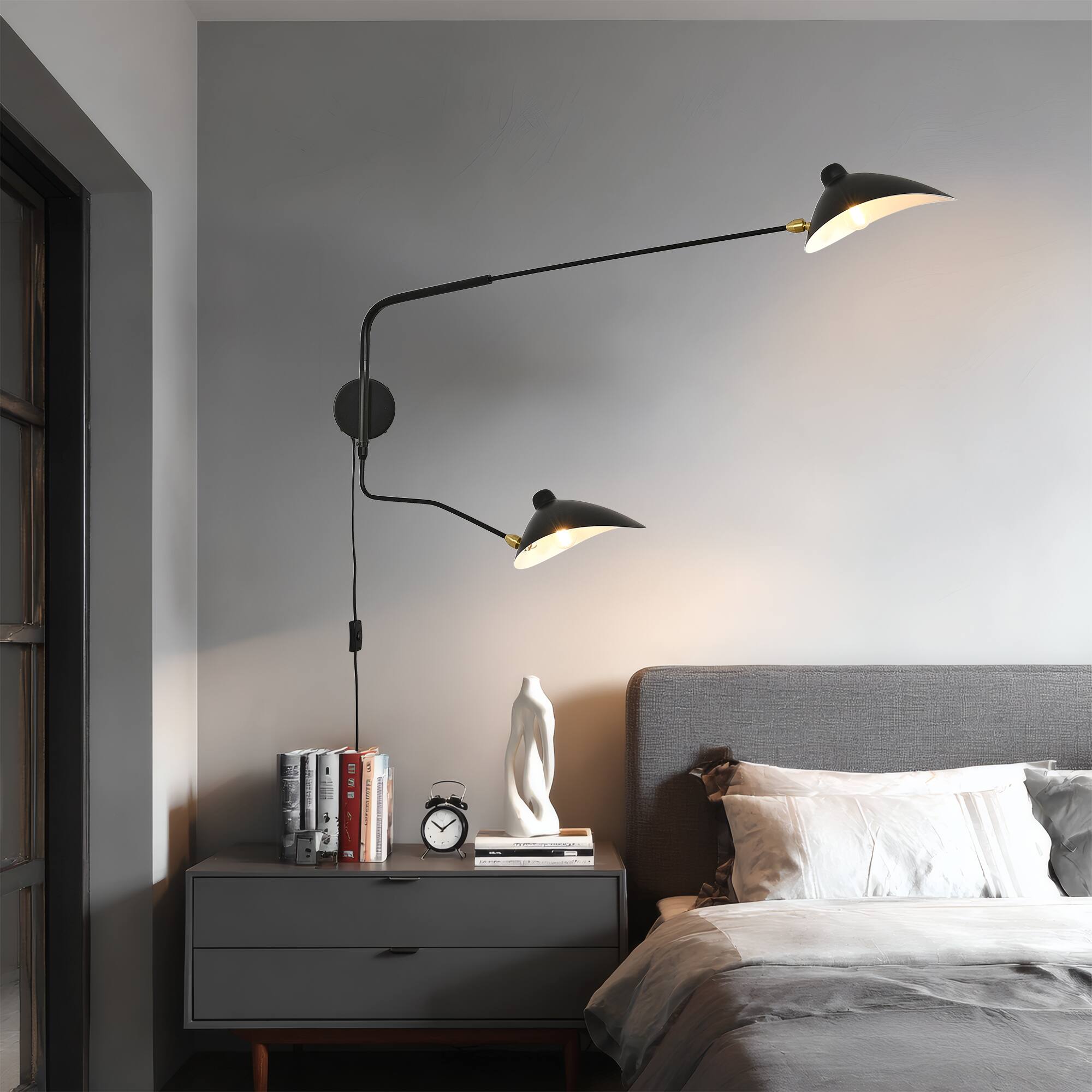 Alt View 3. RYHNUYNE - Modern Swing Arm Wall Sconce 2-Light Adjustable Plug in Wall Lamp with On/Off Switch Dimmable Sconces - Black.