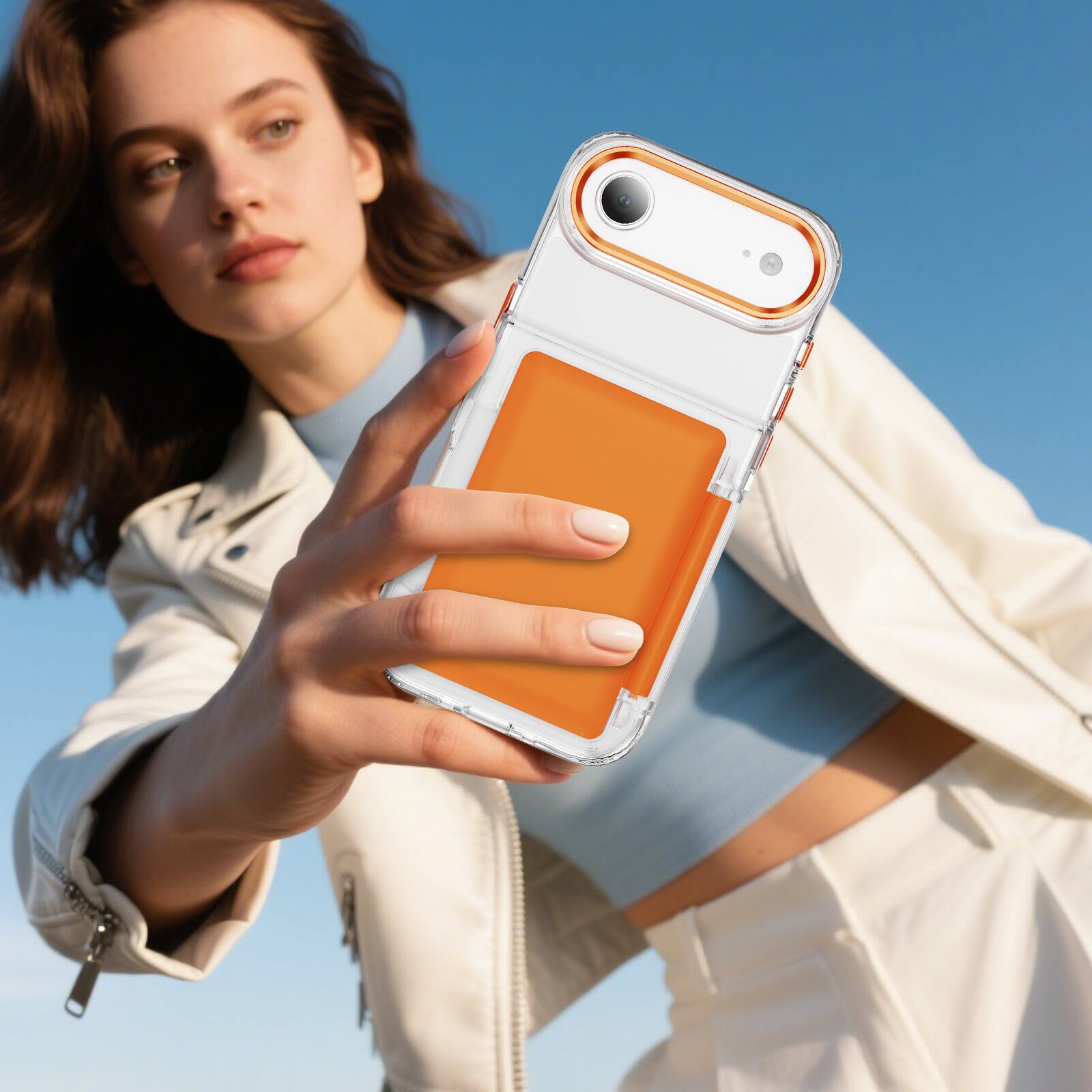 Alt View 1. Dteck - 2-in-1 Clear Wallet Case for Apple iPhone Air with Kickstand, RFID Blocking Hidden Card Holder Shockproof Cover - Orange.