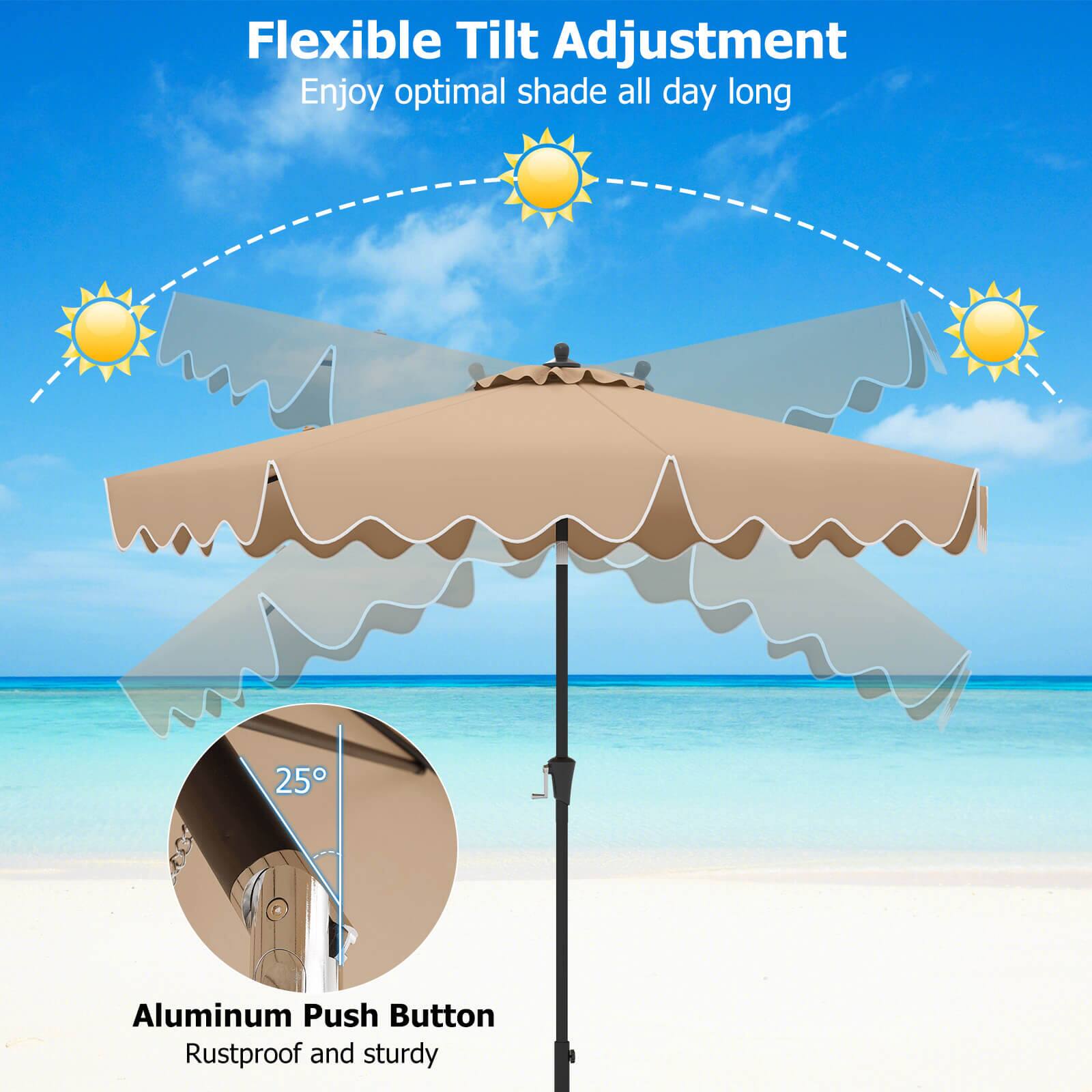 Flexible Tilt Adjustment Enjoy optimal shade all day long with this 25 Aluminum Push Button Rustproof and sturdy umbrella.