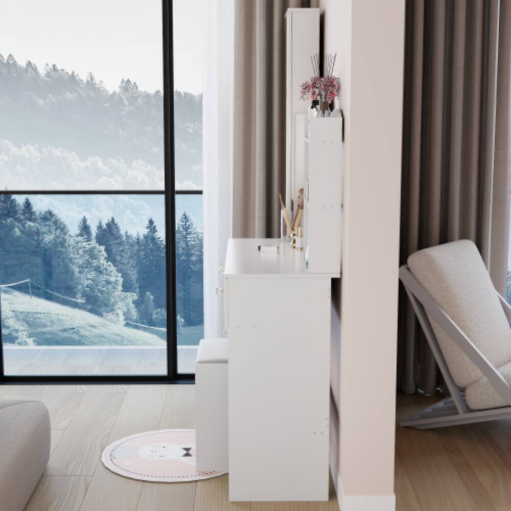 Back. LUCKY ONE - 17in Round LED Mirror Vanity Set with Full Body Mirror Cabinet, Multi-Layer Storage and Stool - White.