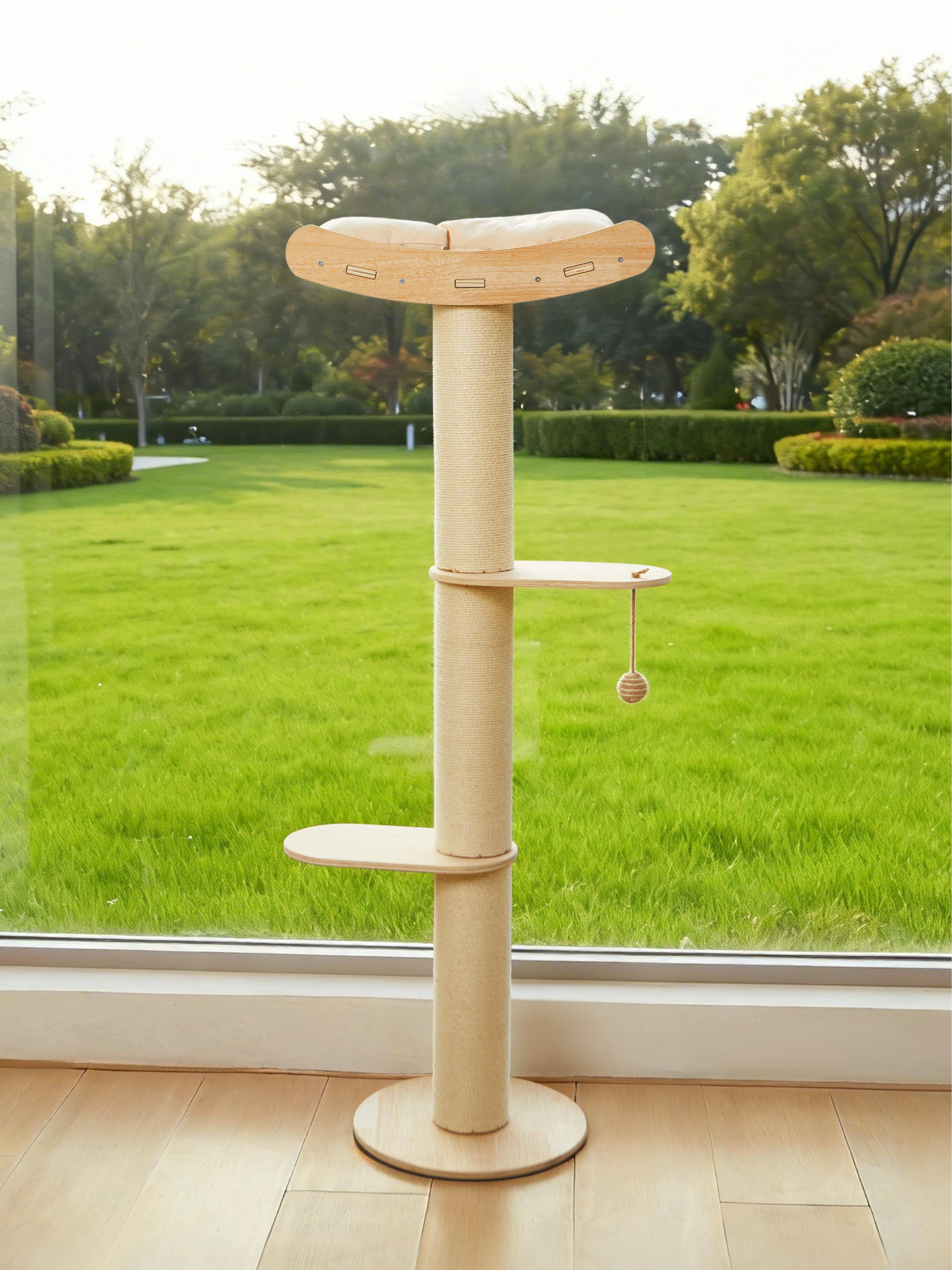 Angle. JUJABU - Half Cat Tree Tower– 3-Tier Hemp Scratching Post, Perches & Sturdy Activity Center Suction Cup.