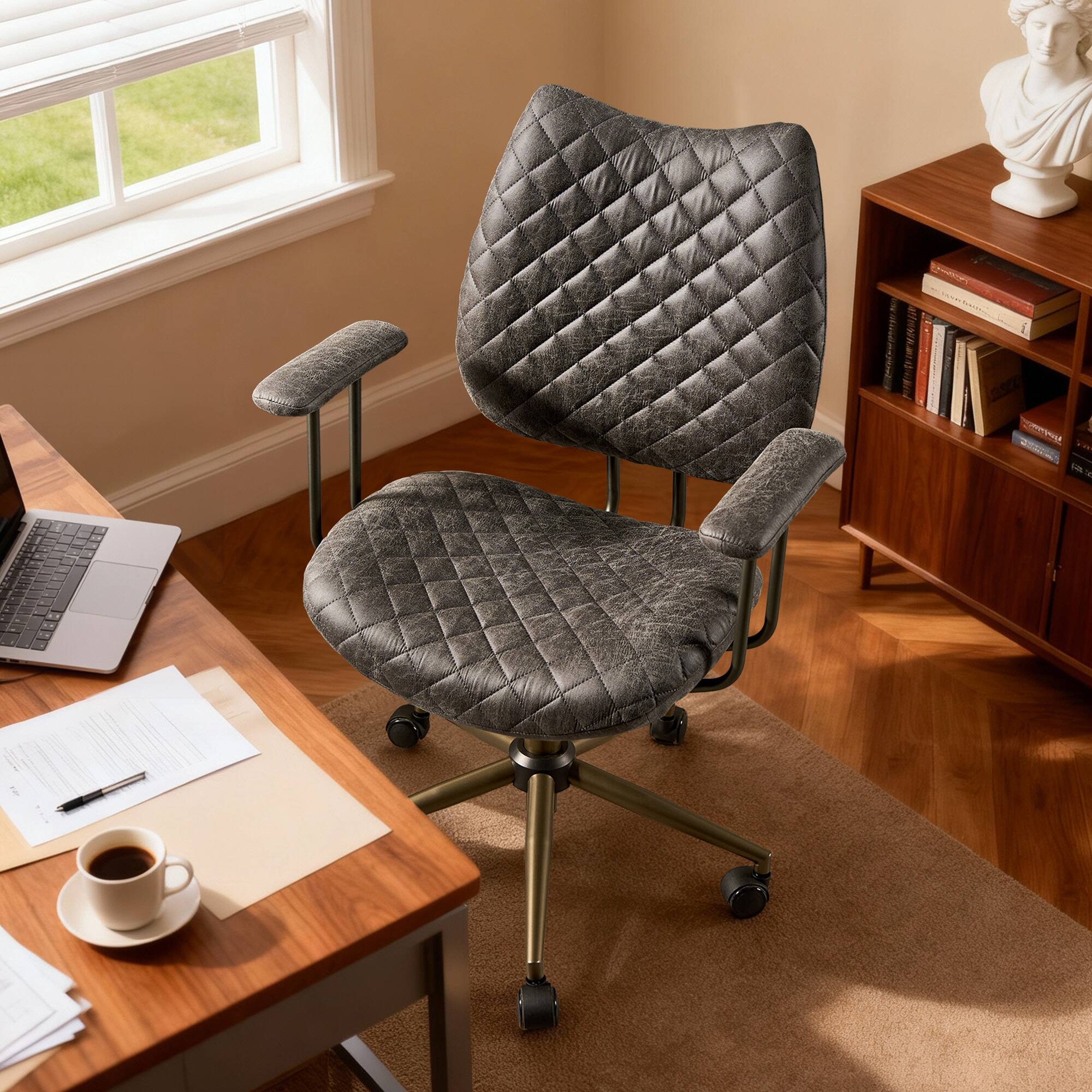 Ovios - 300lbs Capacity Office Chair, Ergonomic Executive Desk Chair, Mid-Century Modern Home Chair - Gray(Suede)