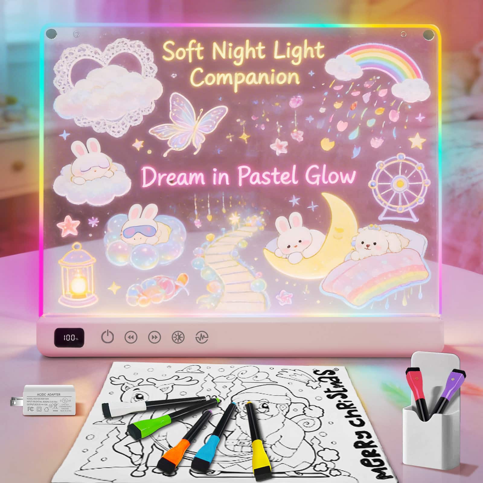 Solorage - LED drawing board,Rechargeable Doodle Glow LED Note Board, 8 colors and 6 mode,Ideal Gift for Festival Decoration - White